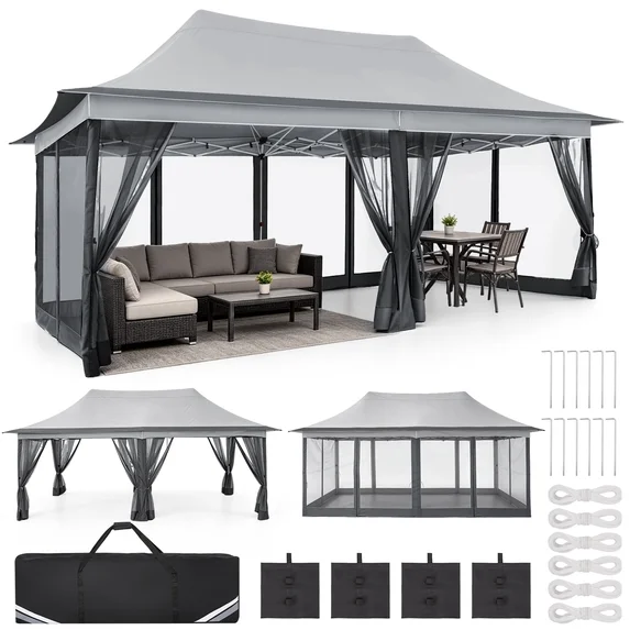 SANOPY 11 x 11 ft Outdoor Patio Gazebo with Ventilated Double Roof and Mosquito Net, Pop up Steel Canopy for Patios, Backyard, Garden and Beach