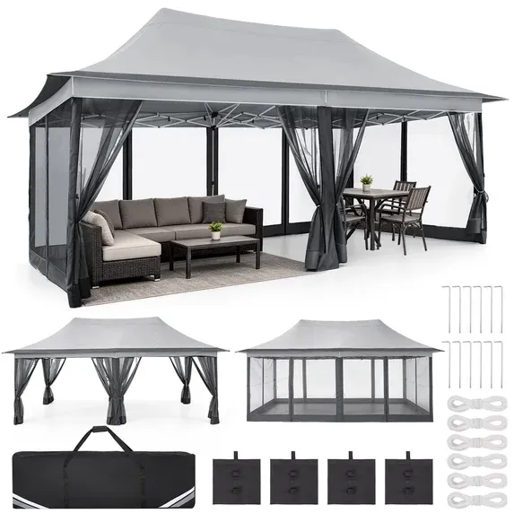 SANOPY 11 x 11 ft Outdoor Patio Gazebo with Ventilated Double Roof and Mosquito Net, Pop up Steel Canopy for Patios, Backyard, Garden and Beach