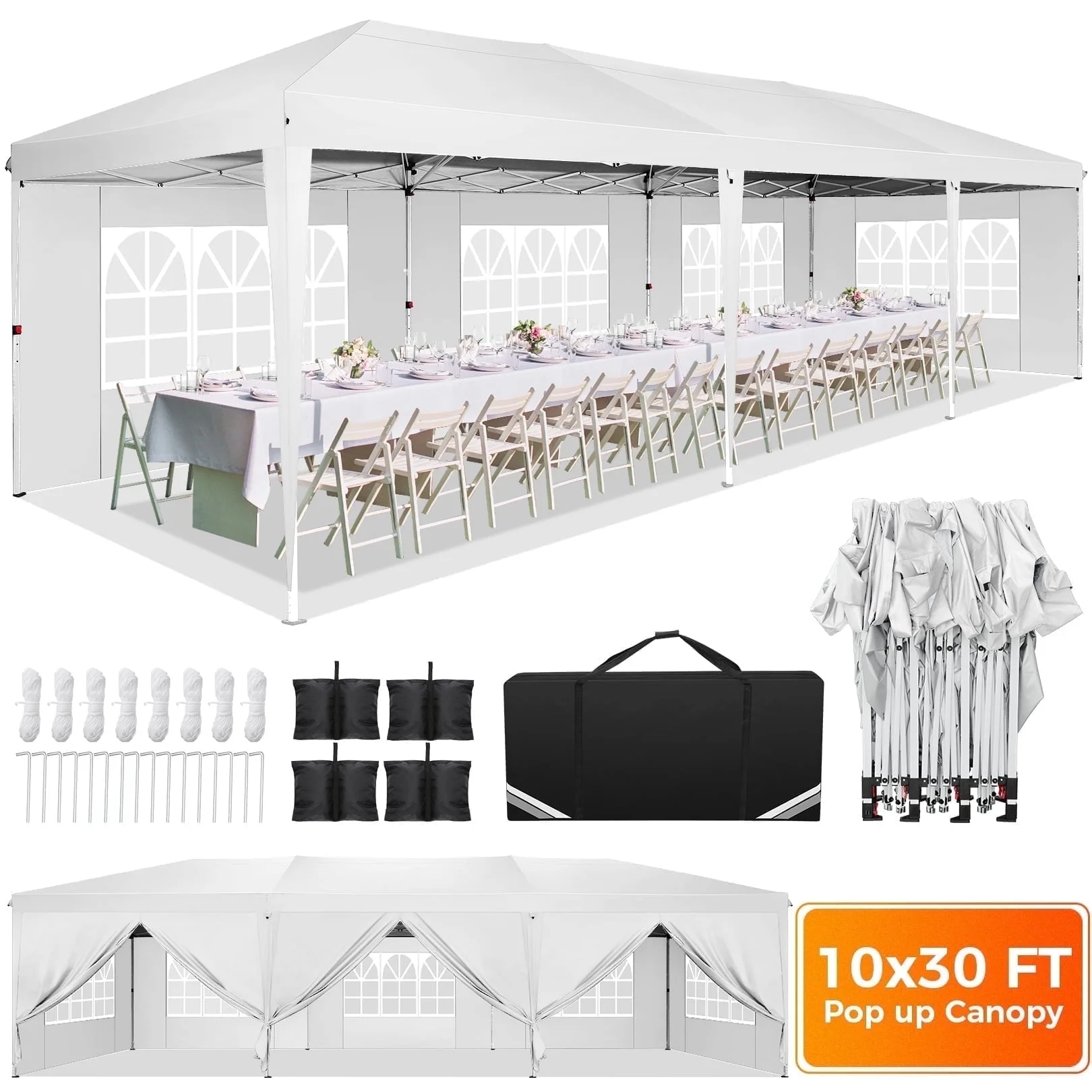 SANOPY 10 x 30 FT Pop Up Canopy, Large Commercial Wedding Canopy, Height Adjustable Waterproof Beach Canopy, Outdoor Instant Party Tent with 8 Removable Sidewalls, 4 Sandbags, Carrying Bag, Grey