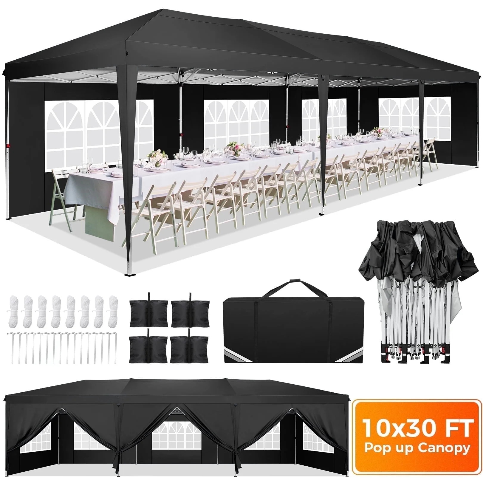 SANOPY 10 x 30 FT Pop Up Canopy, Large Commercial Wedding Canopy, Height Adjustable Waterproof Beach Canopy, Outdoor Instant Party Tent with 8 Removable Sidewalls, 4 Sandbags, Carrying Bag, Grey