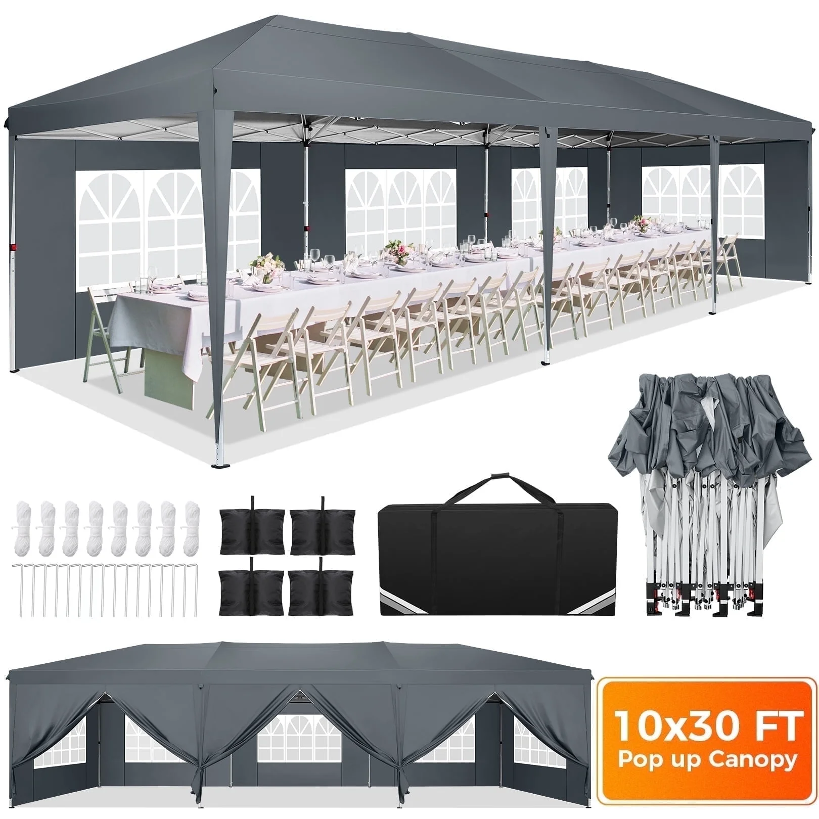 SANOPY 10 x 30 FT Pop Up Canopy, Large Commercial Wedding Canopy, Height Adjustable Waterproof Beach Canopy, Outdoor Instant Party Tent with 8 Removable Sidewalls, 4 Sandbags, Carrying Bag, Grey