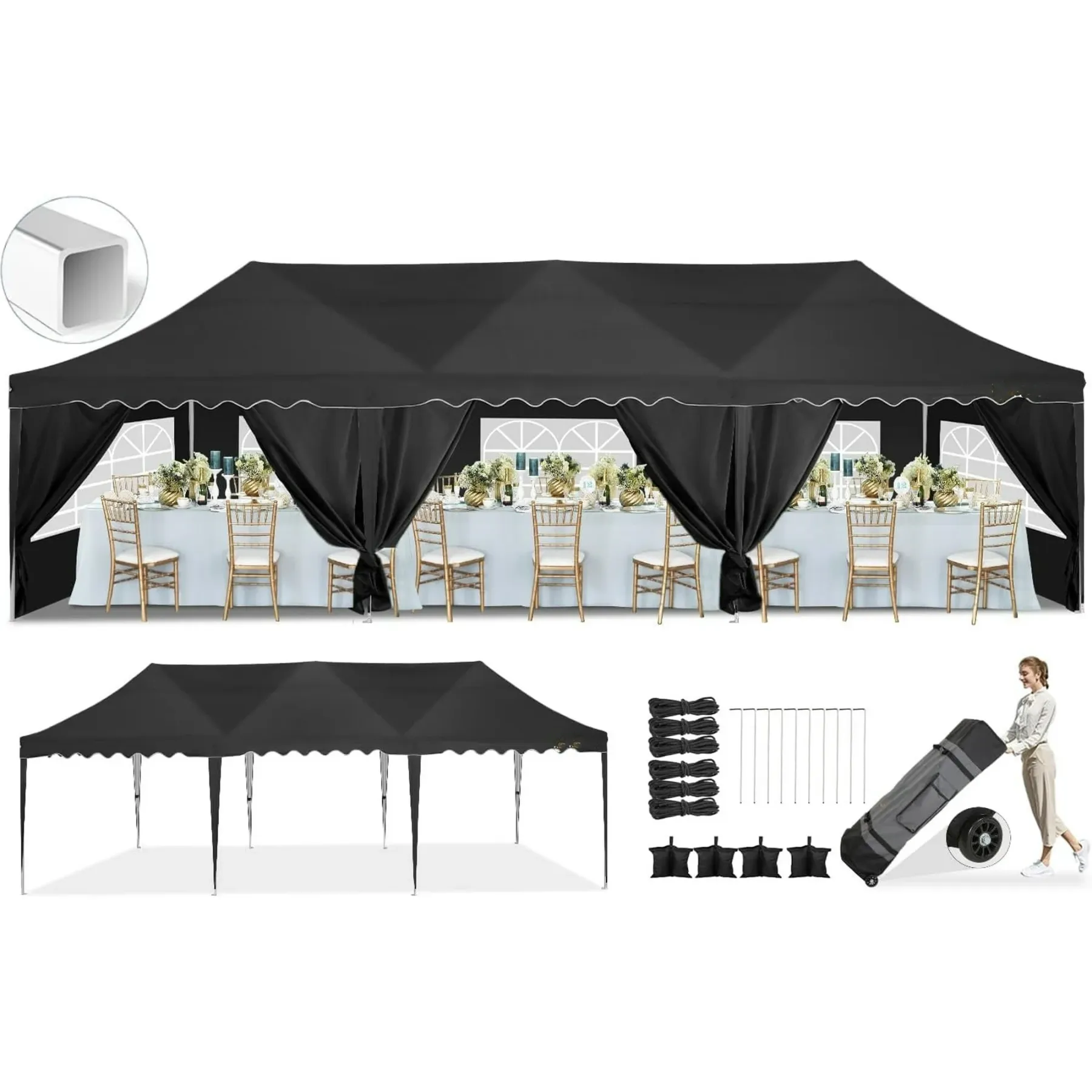 SANOPY 10' x 20' Pop up Canopy Party Tent with 6 Removable Sidewalls, Wave Eave Outdoor Waterproof Patio Gazebo Tent with Carry Bag, Backyards Camping Picnics, Black