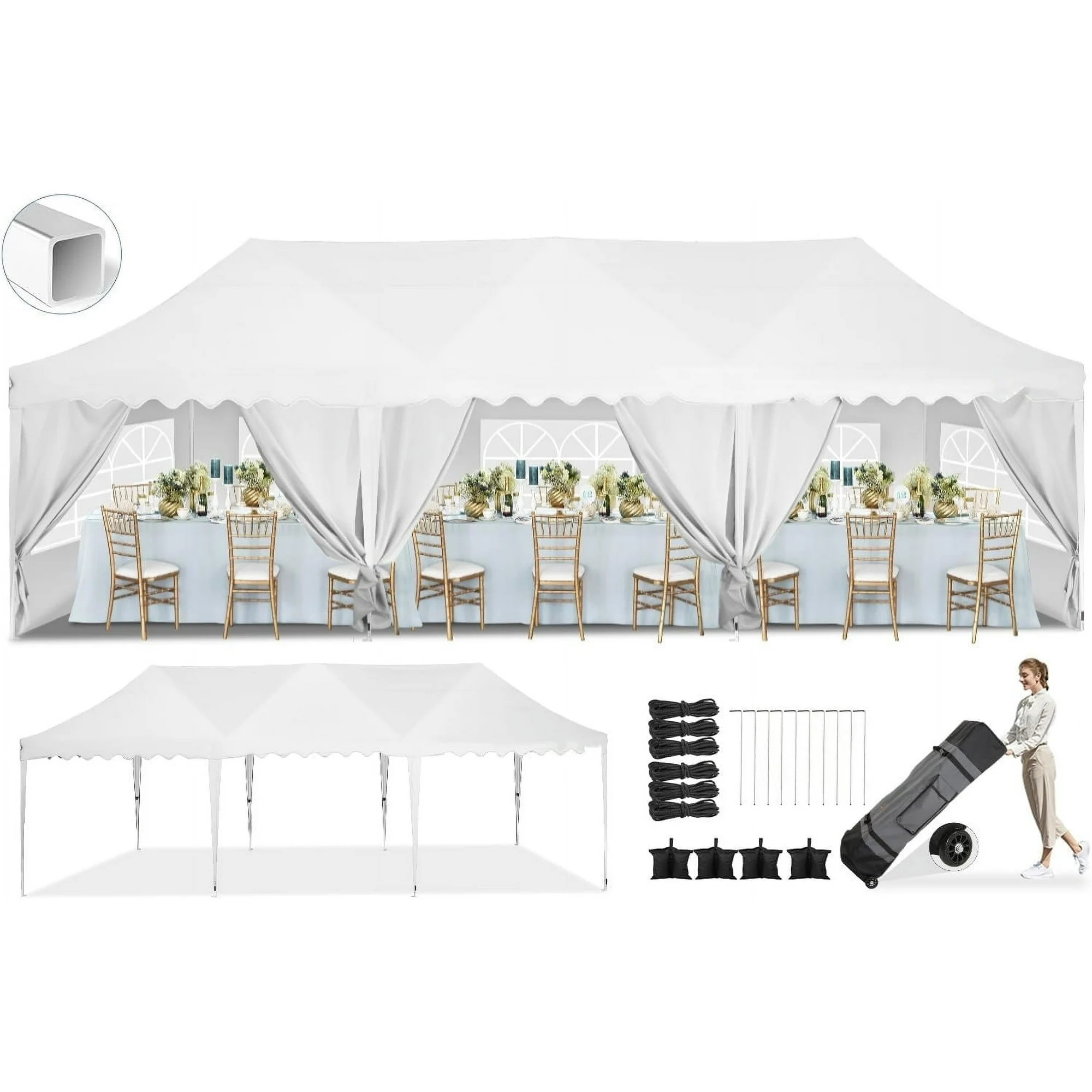 SANOPY 10' x 20' Pop up Canopy Party Tent with 6 Removable Sidewalls, Wave Eave Outdoor Waterproof Patio Gazebo Tent with Carry Bag, Backyards Camping Picnics, Black