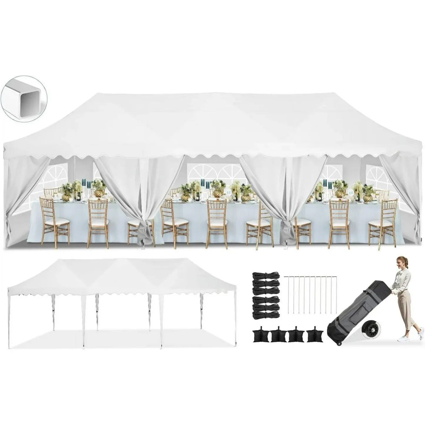 SANOPY 10' x 20' Pop up Canopy Party Tent with 6 Removable Sidewalls, Wave Eave Outdoor Waterproof Patio Gazebo Tent with Carry Bag, Backyards Camping Picnics, Black