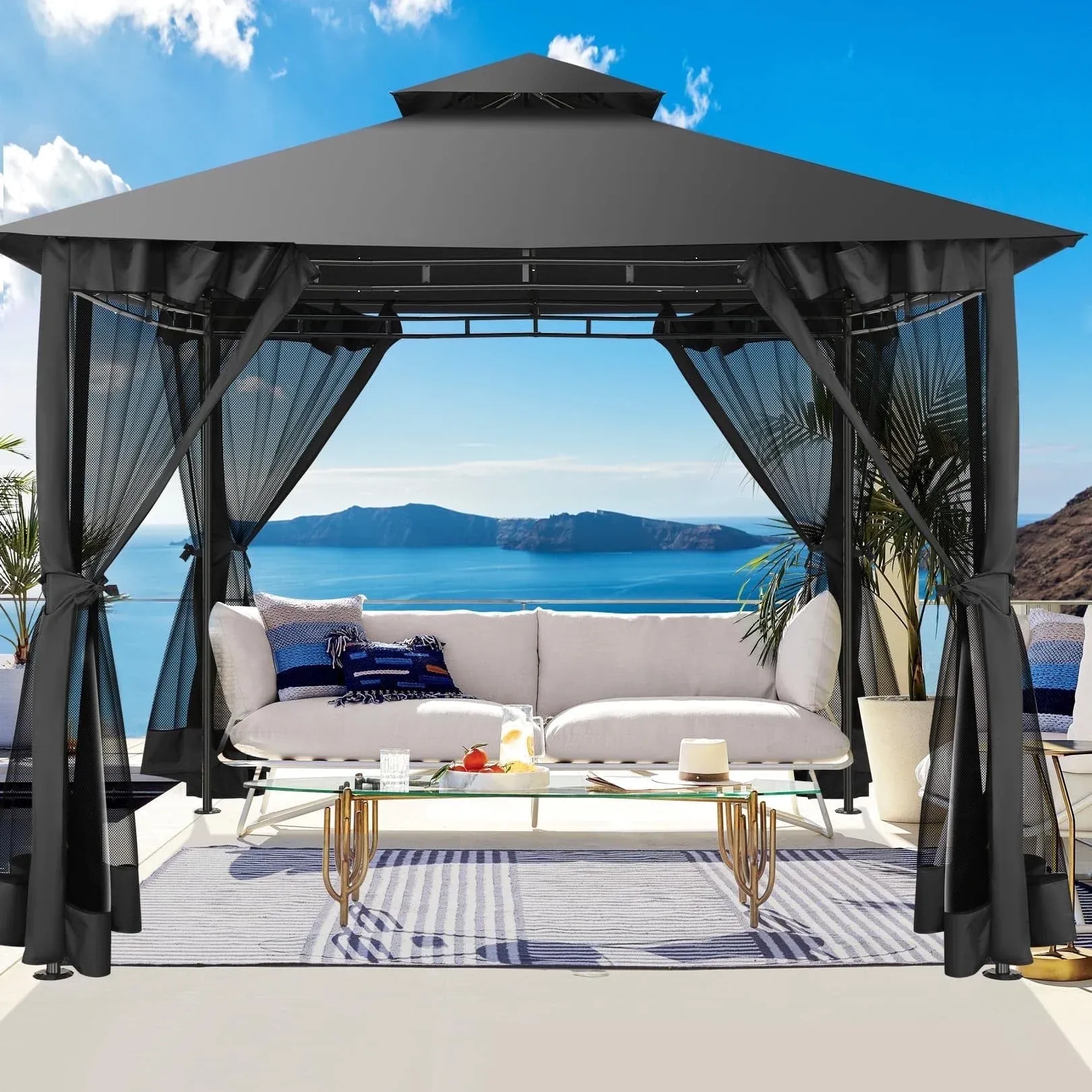 SANOPY 10'x13.3' Metal Patio Gazebo, Outdoor Gazebo Canopy Tent for Backyard with Mesh Curtains, Gazebos Shelter with Display Shelves, Steel Frame, Patio Covers for Tailgate