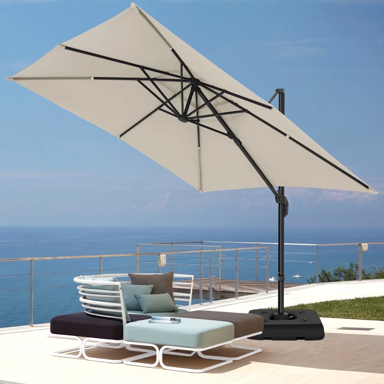 SANOPY 10x10 Cantilever Patio Umbrella Outdoor Patio Umbrella, 360 Degree Rotation Market Patio Umbrella with Steel Base, Crank, Tilt Button, Dark Blue