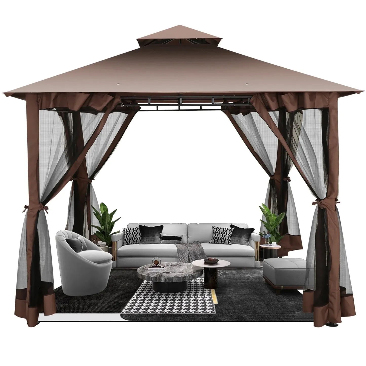 SANOPY 10'x13.3' Metal Patio Gazebo, Outdoor Gazebo Canopy Tent for Backyard with Mesh Curtains, Gazebos Shelter with Display Shelves, Steel Frame, Patio Covers for Tailgate
