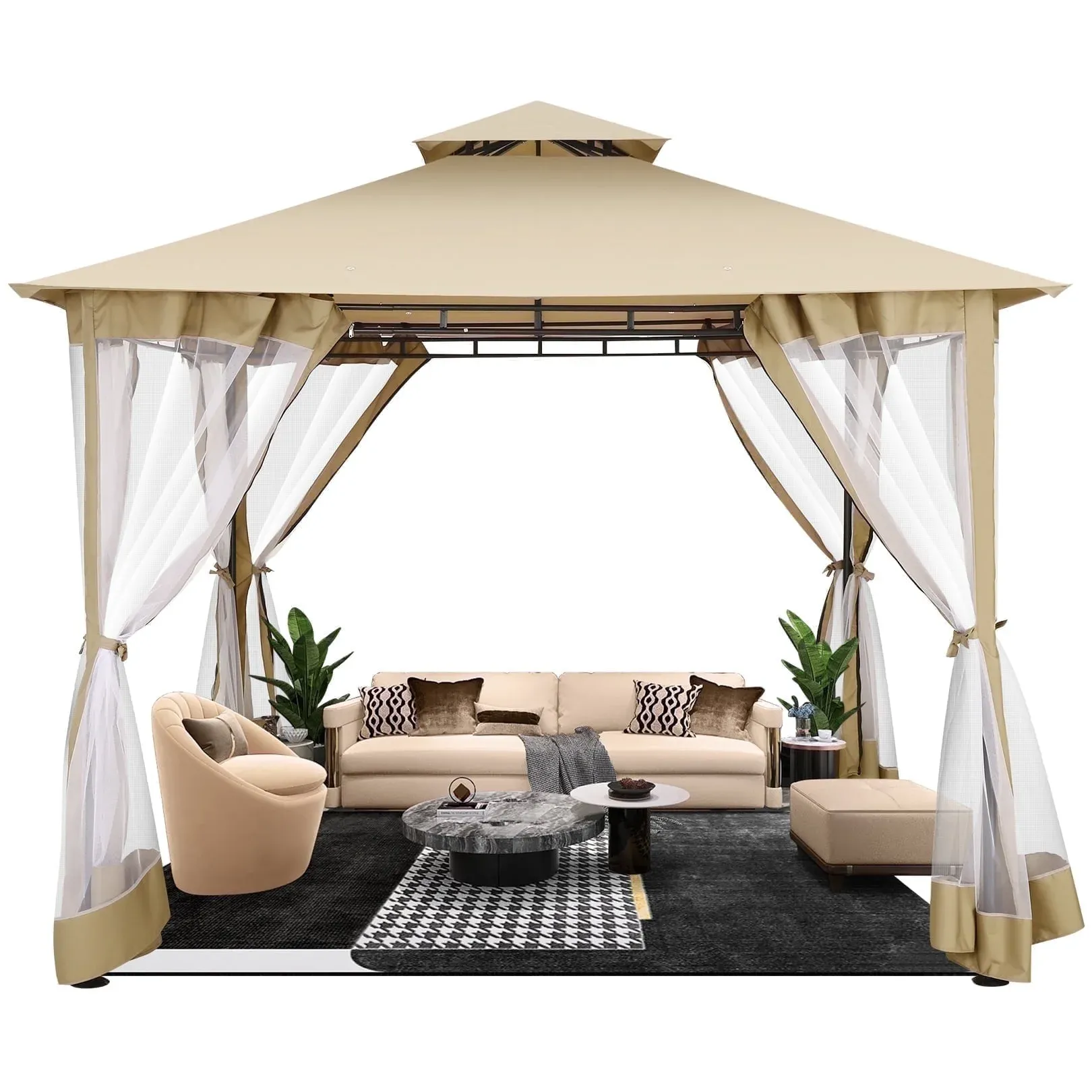 SANOPY 10'x13.3' Metal Patio Gazebo, Outdoor Gazebo Canopy Tent for Backyard with Mesh Curtains, Gazebos Shelter with Display Shelves, Steel Frame, Patio Covers for Tailgate