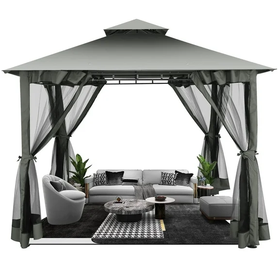 SANOPY 10'x13.3' Metal Patio Gazebo, Outdoor Gazebo Canopy Tent for Backyard with Mesh Curtains, Gazebos Shelter with Display Shelves, Steel Frame, Patio Covers for Tailgate