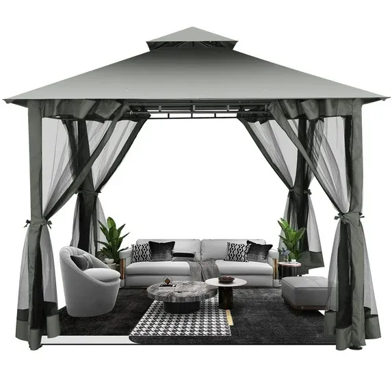 SANOPY 10'x13.3' Metal Patio Gazebo, Outdoor Gazebo Canopy Tent for Backyard with Mesh Curtains, Gazebos Shelter with Display Shelves, Steel Frame, Patio Covers for Tailgate