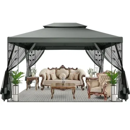 SANOPY 10'x13.3' Metal Patio Gazebo, Outdoor Gazebo Canopy Tent for Backyard with Mesh Curtains, Gazebos Shelter with Display Shelves, Steel Frame, Patio Covers for Tailgate