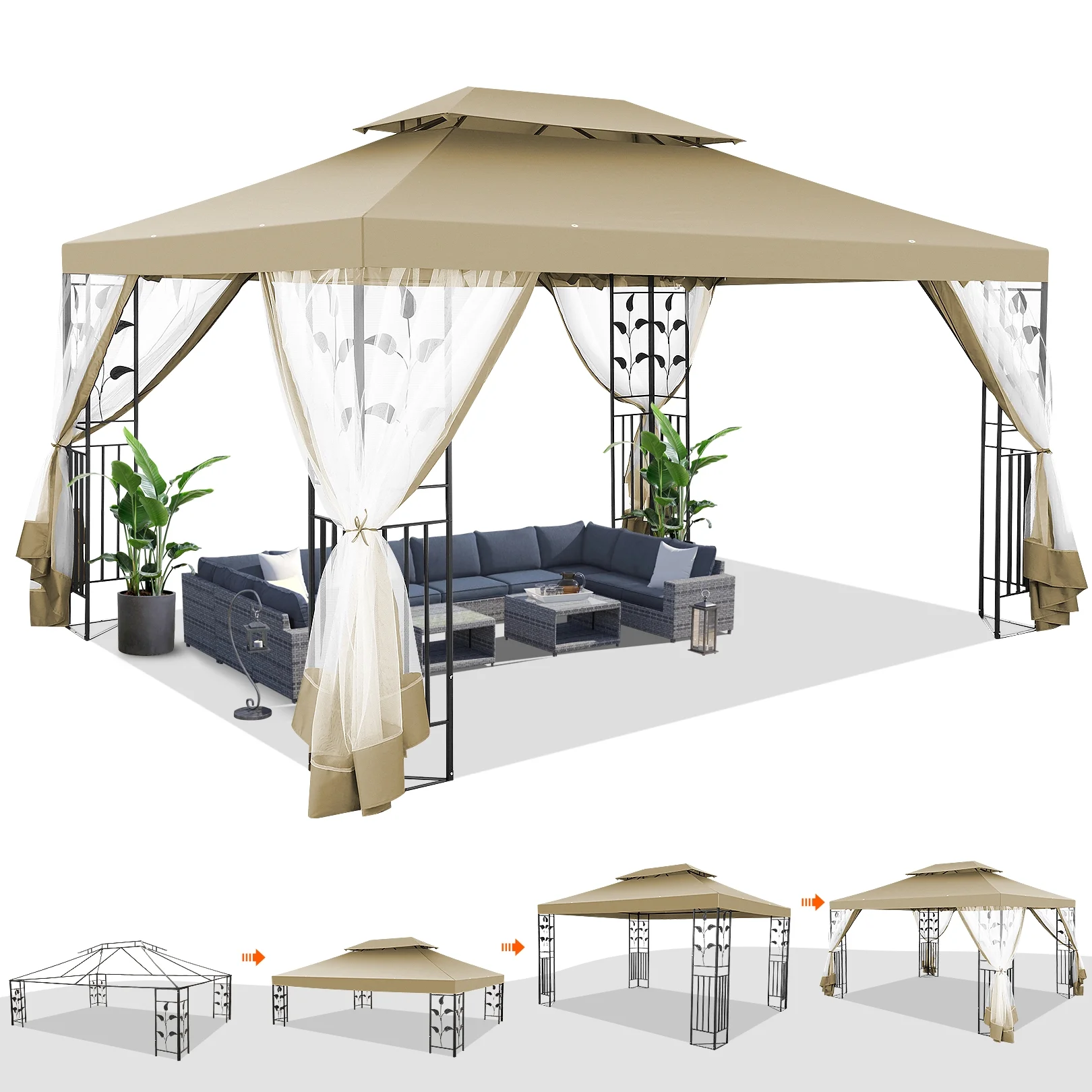 SANOPY 10'x13.3' Metal Patio Gazebo, Outdoor Gazebo Canopy Tent for Backyard with Mesh Curtains, Gazebos Shelter with Display Shelves, Steel Frame, Patio Covers for Tailgate