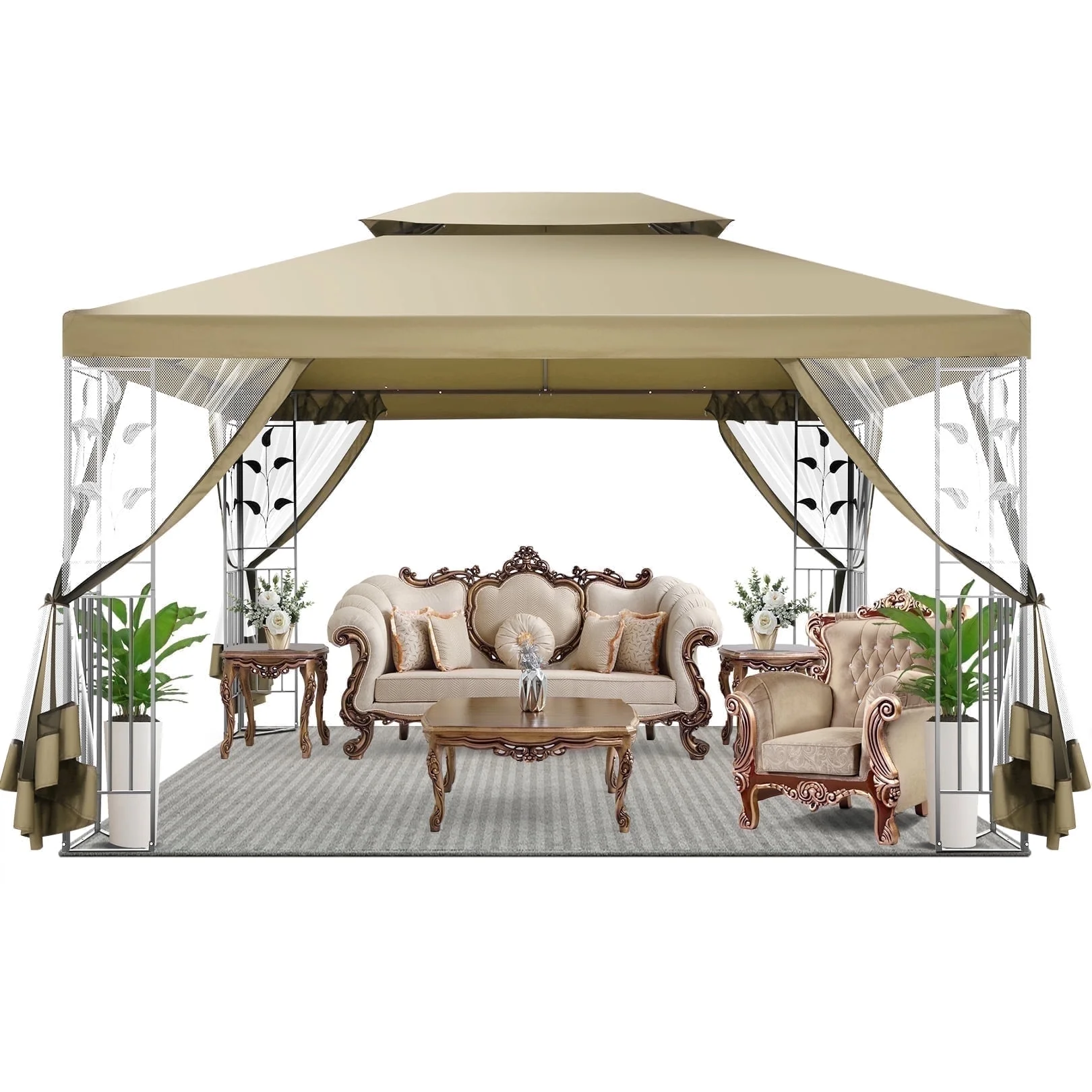 SANOPY 10'x13.3' Metal Patio Gazebo, Outdoor Gazebo Canopy Tent for Backyard with Mesh Curtains, Gazebos Shelter with Display Shelves, Steel Frame, Patio Covers for Tailgate