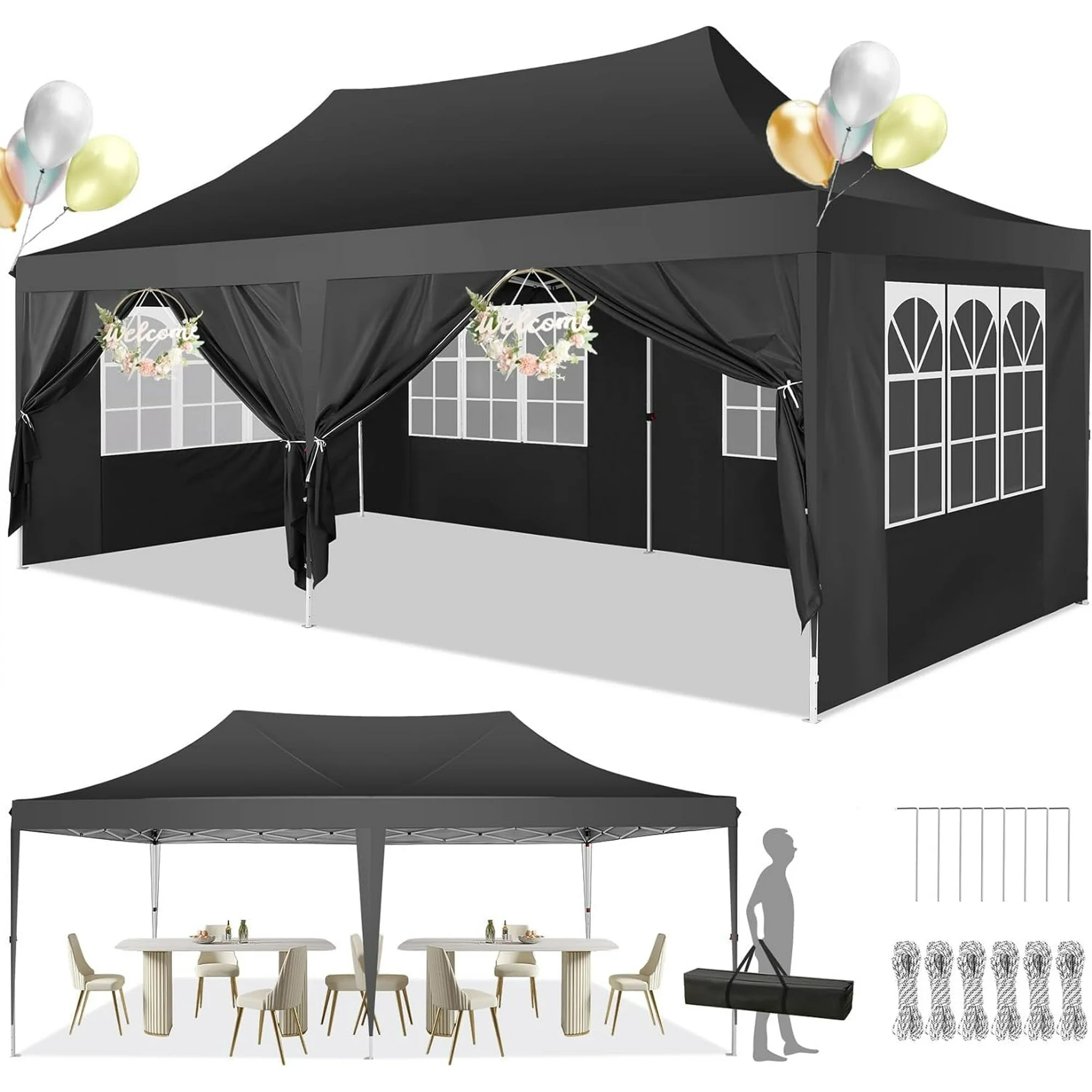 SANOPY 10'x20' Ez Pop up Canopy Party Tent with 6 Sidewalls, Waterproof and Sun Shelter Heavy Duty Canopy for Market with Carry Bag, White