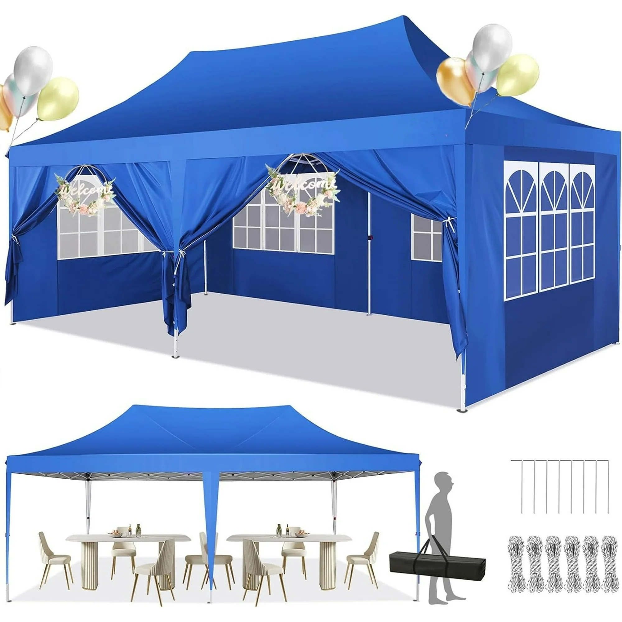 SANOPY 10'x20' Ez Pop up Canopy Party Tent with 6 Sidewalls, Waterproof and Sun Shelter Heavy Duty Canopy for Market with Carry Bag, White