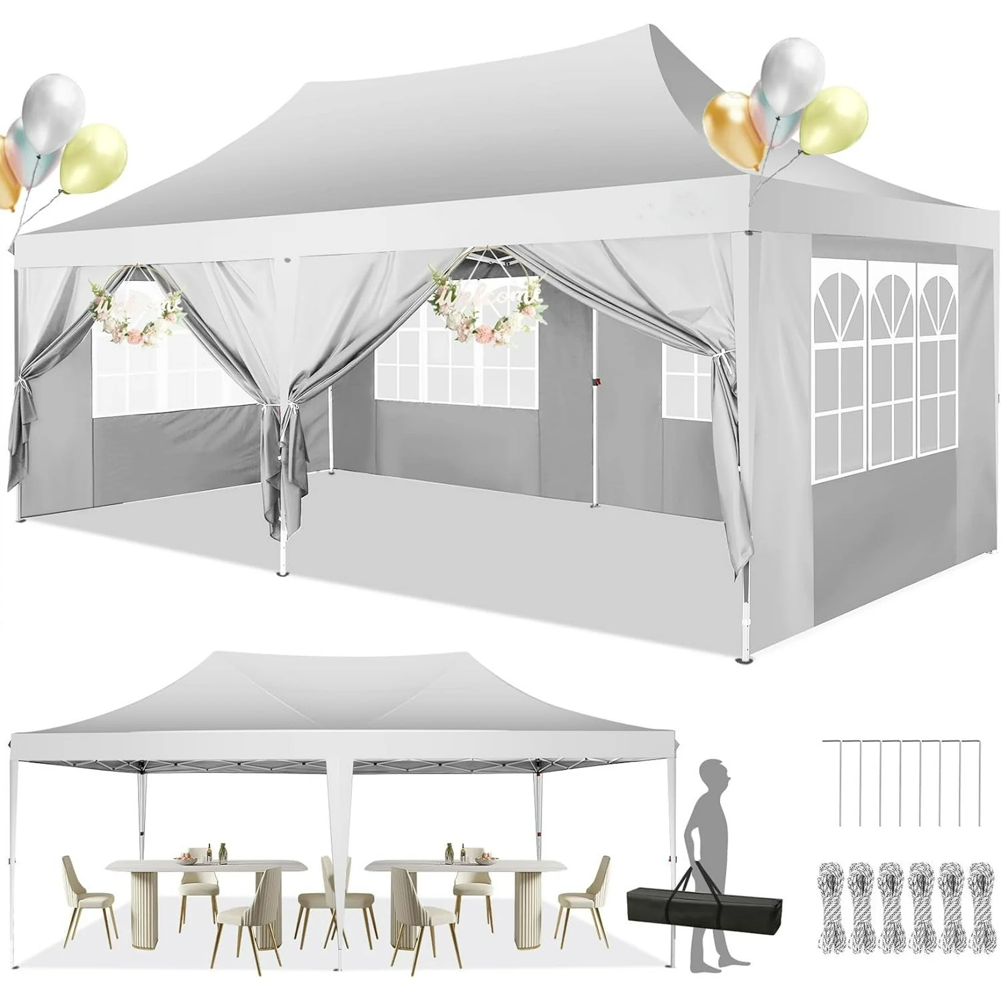 SANOPY 10'x20' Ez Pop up Canopy Party Tent with 6 Sidewalls, Waterproof and Sun Shelter Heavy Duty Canopy for Market with Carry Bag, White
