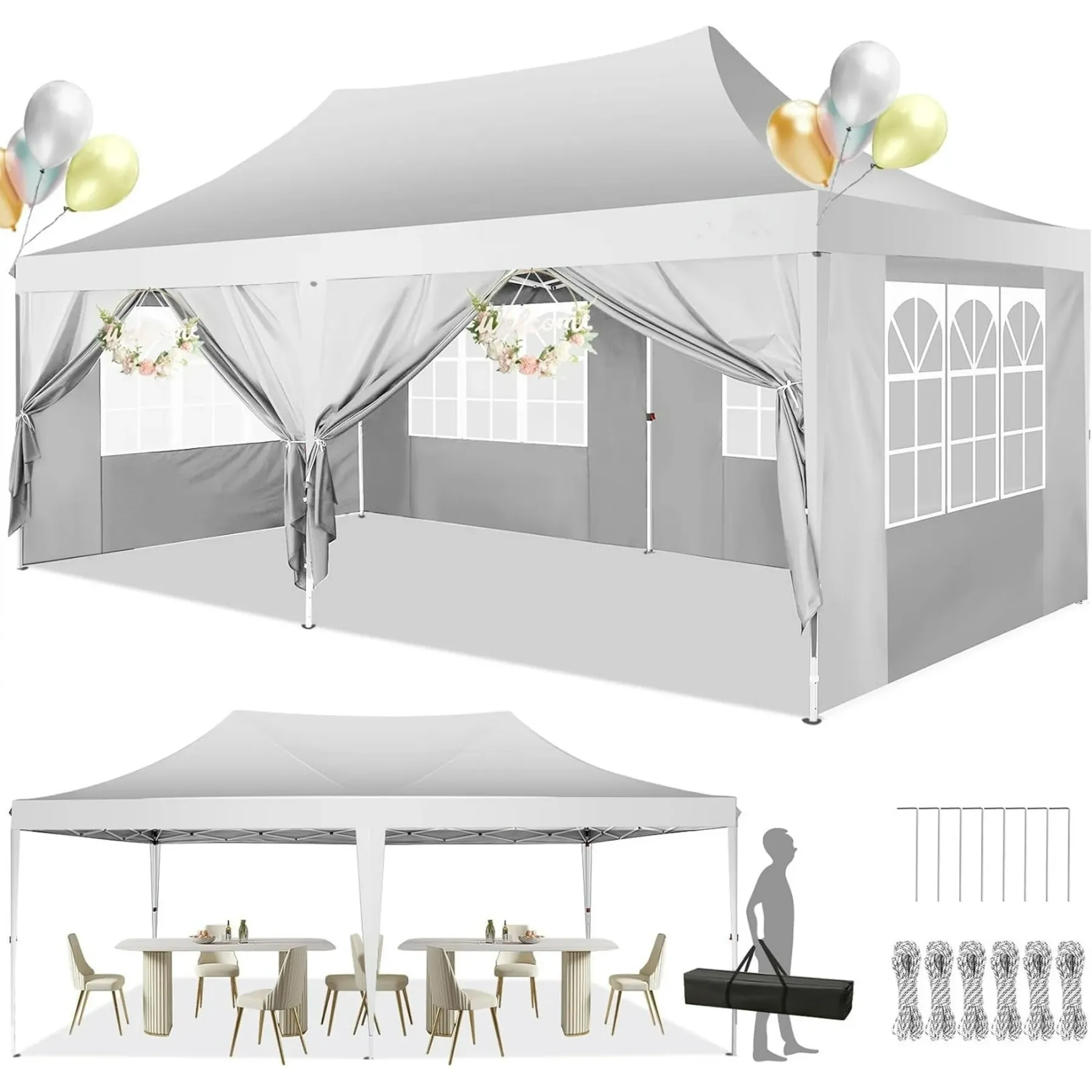 SANOPY 10'x20' Ez Pop up Canopy Party Tent with 6 Sidewalls, Waterproof and Sun Shelter Heavy Duty Canopy for Market with Carry Bag, White