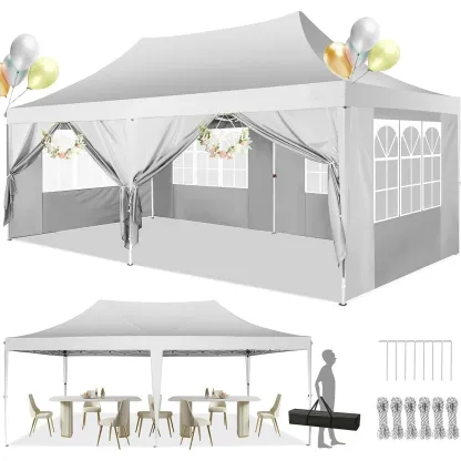 SANOPY 10'x20' Ez Pop up Canopy Party Tent with 6 Sidewalls, Waterproof and Sun Shelter Heavy Duty Canopy for Market with Carry Bag, White