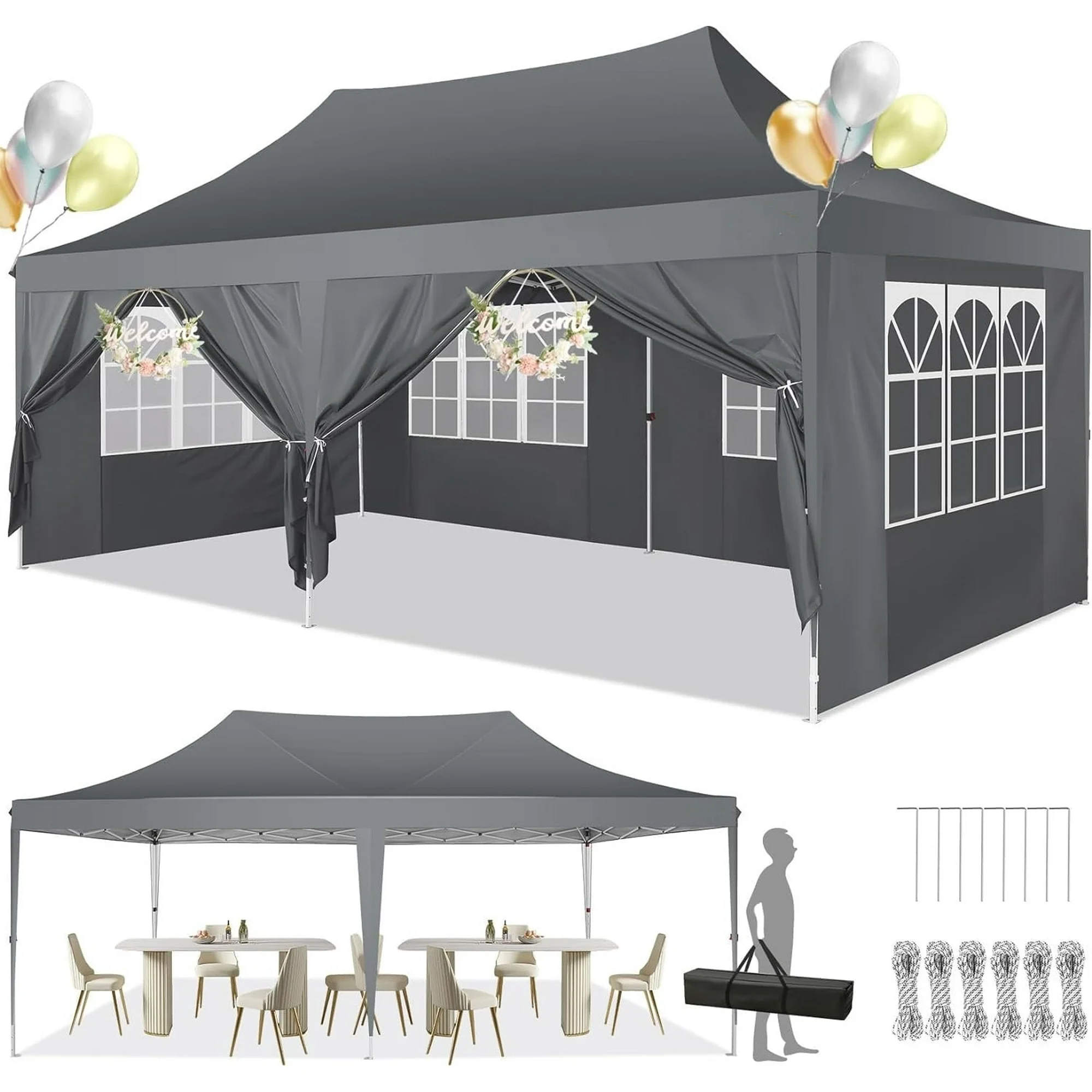 SANOPY 10'x20' Ez Pop up Canopy Party Tent with 6 Sidewalls, Waterproof and Sun Shelter Heavy Duty Canopy for Market with Carry Bag, White