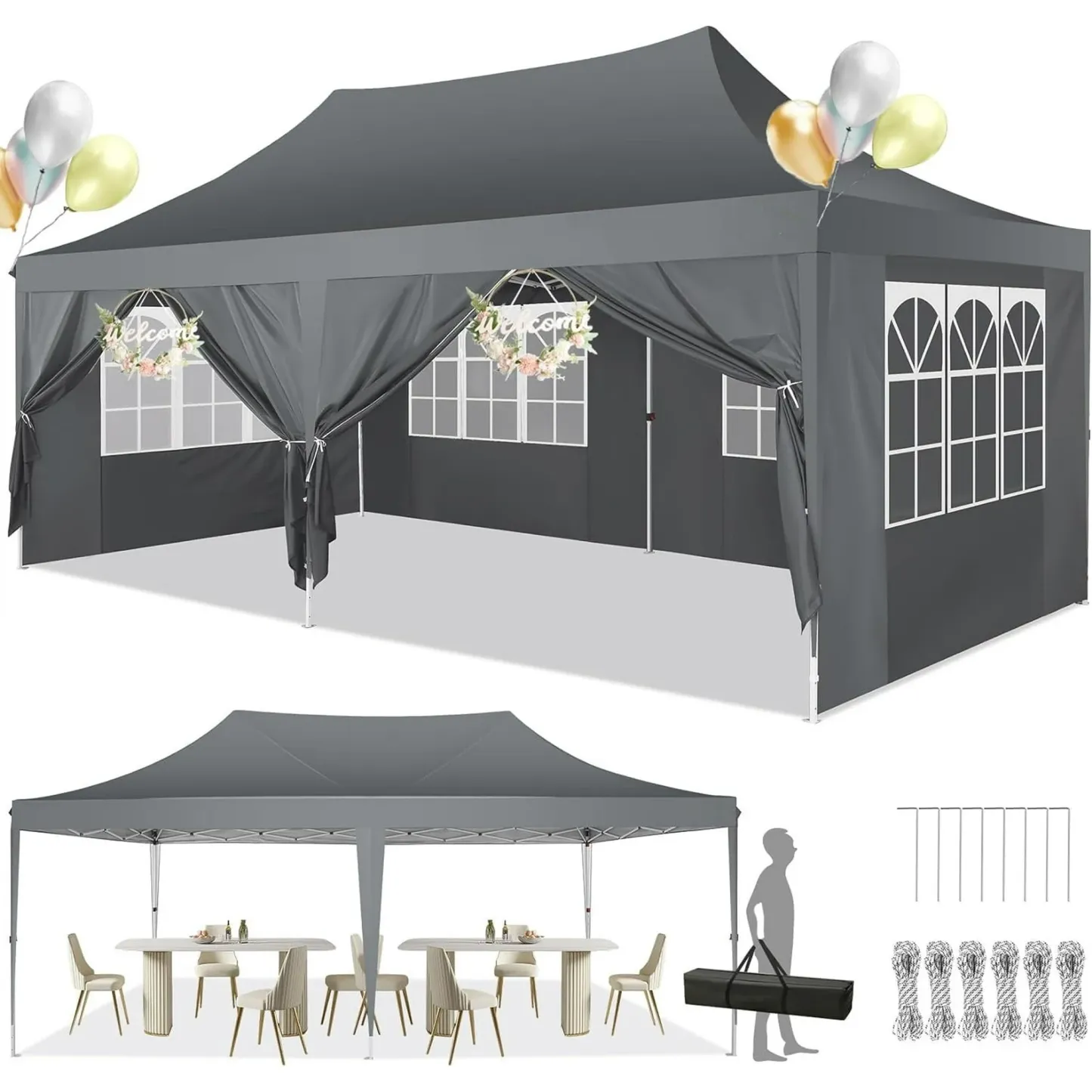 SANOPY 10'x20' Ez Pop up Canopy Party Tent with 6 Sidewalls, Waterproof and Sun Shelter Heavy Duty Canopy for Market with Carry Bag, White