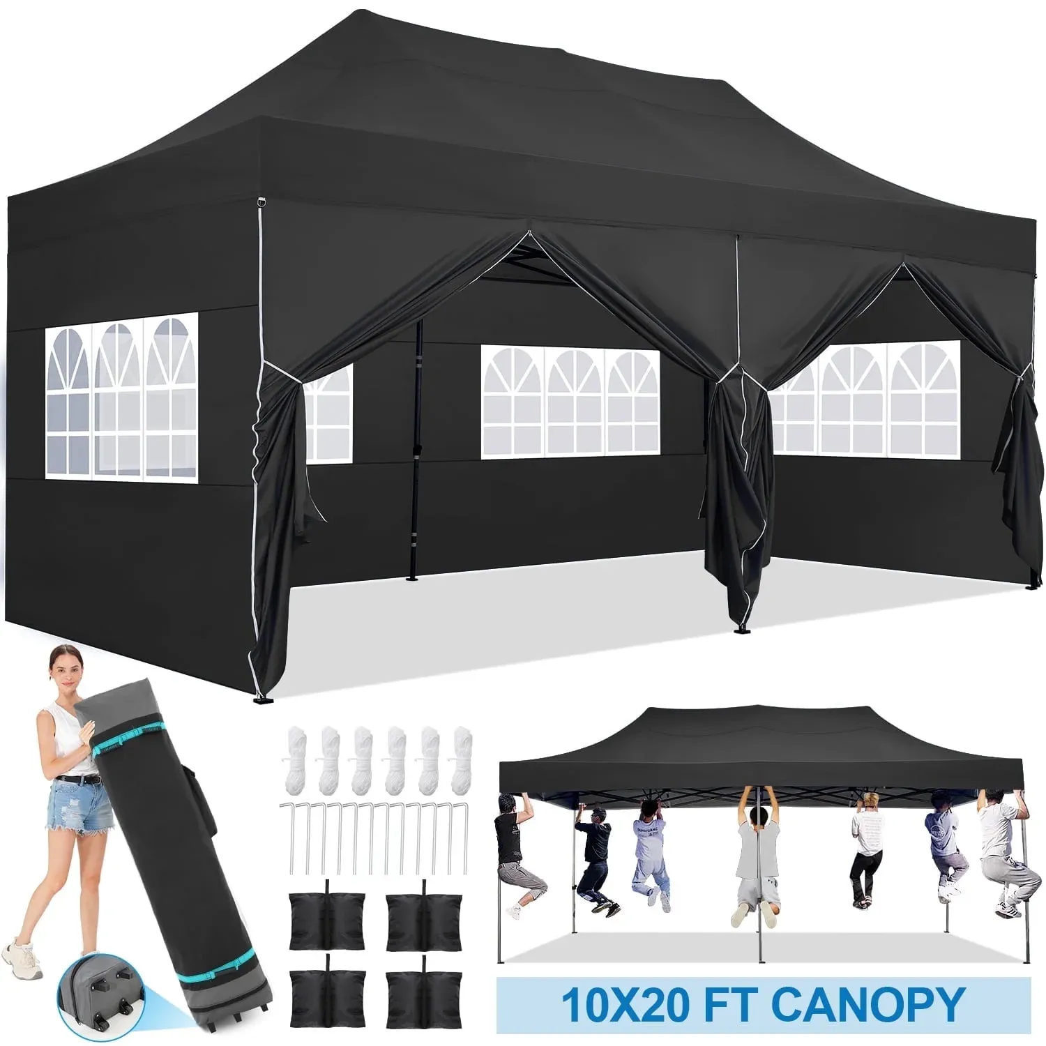 SANOPY 10' x 10' Outdoor Pop-Up Canopy, Heavy Duty Commercial Tent, Instant Folding Beach Party Gazebo with 4 Removable Sidewalls & 4 Sandbags & Rolling Bag for Easy Carrying (White)
