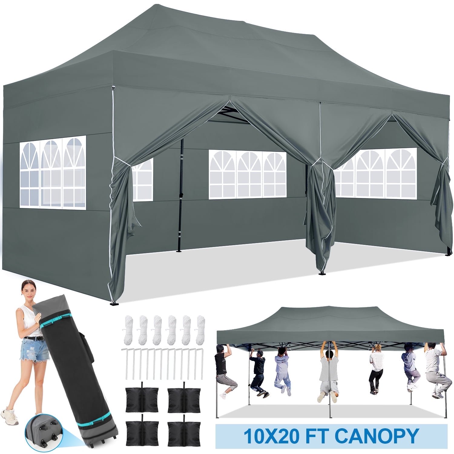 SANOPY 10' x 10' Outdoor Pop-Up Canopy, Heavy Duty Commercial Tent, Instant Folding Beach Party Gazebo with 4 Removable Sidewalls & 4 Sandbags & Rolling Bag for Easy Carrying (White)