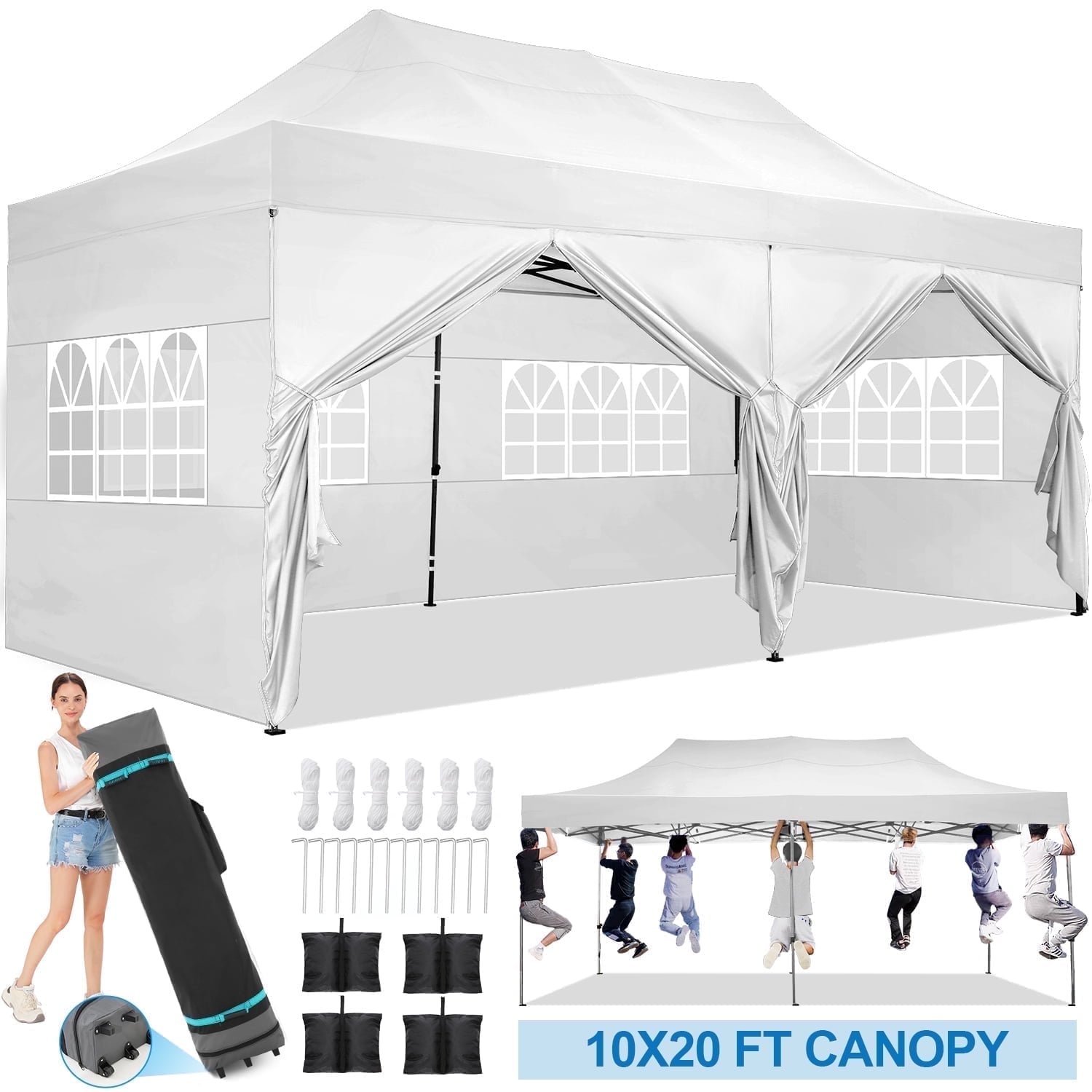 SANOPY 10' x 10' Outdoor Pop-Up Canopy, Heavy Duty Commercial Tent, Instant Folding Beach Party Gazebo with 4 Removable Sidewalls & 4 Sandbags & Rolling Bag for Easy Carrying (White)