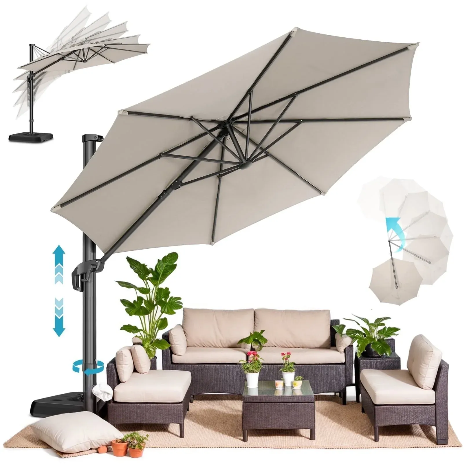 SANOPY 10x10 Cantilever Patio Umbrella Outdoor Patio Umbrella, 360 Degree Rotation Market Patio Umbrella with Steel Base, Crank, Tilt Button, Dark Blue