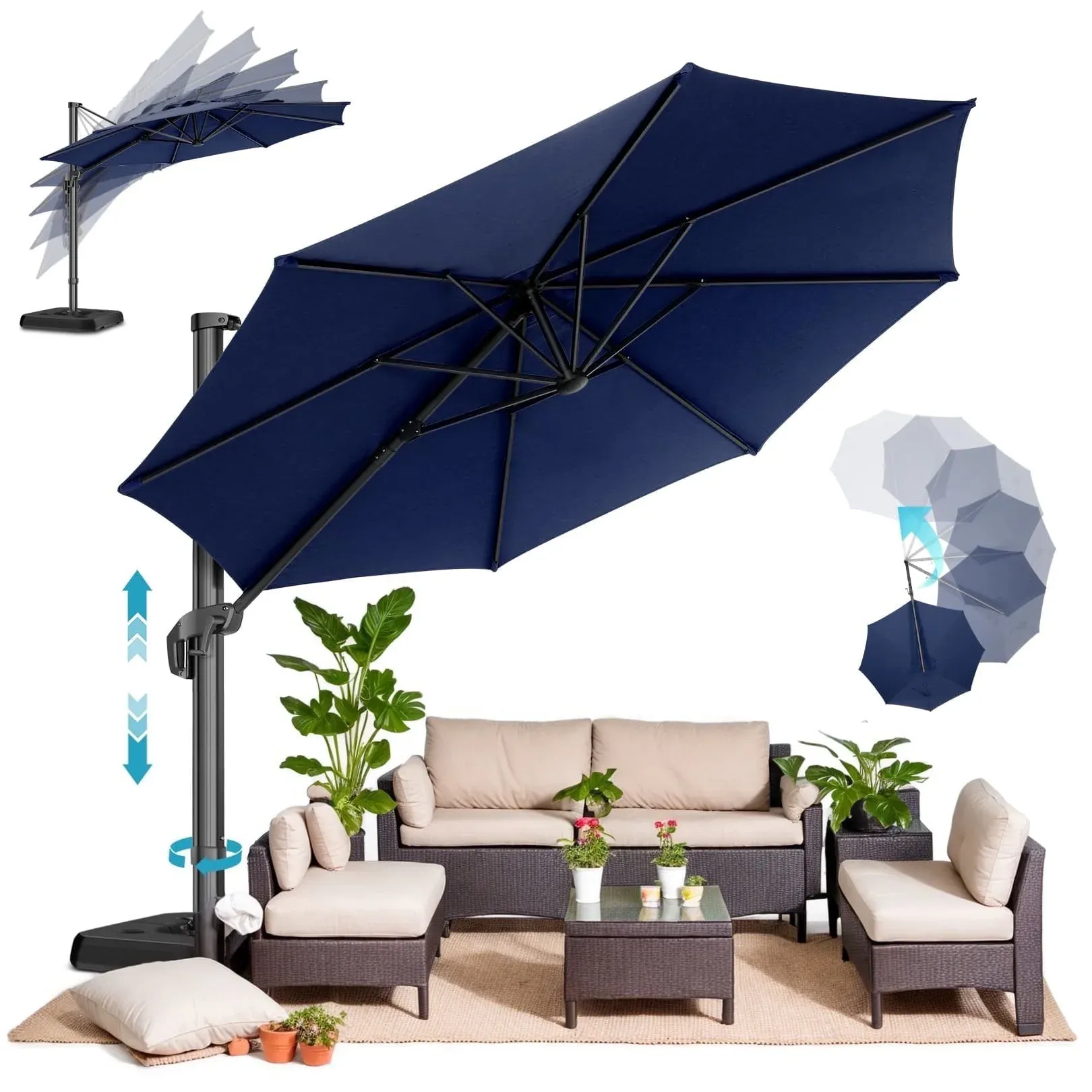SANOPY 10x10 Cantilever Patio Umbrella Outdoor Patio Umbrella, 360 Degree Rotation Market Patio Umbrella with Steel Base, Crank, Tilt Button, Dark Blue