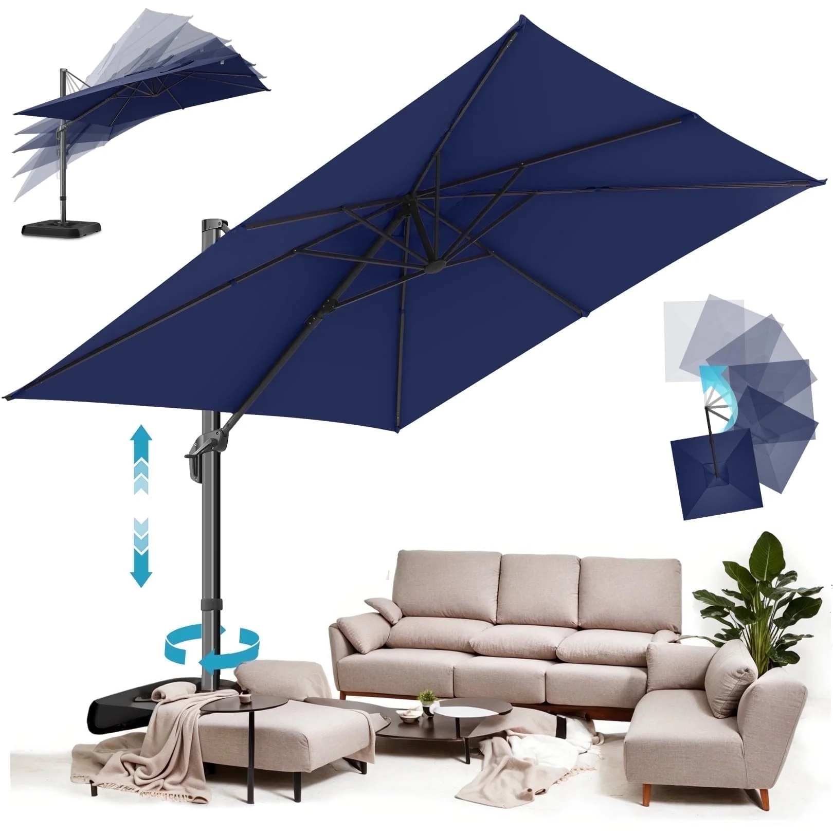 SANOPY 10x10 Cantilever Patio Umbrella Outdoor Patio Umbrella, 360 Degree Rotation Market Patio Umbrella with Steel Base, Crank, Tilt Button, Dark Blue