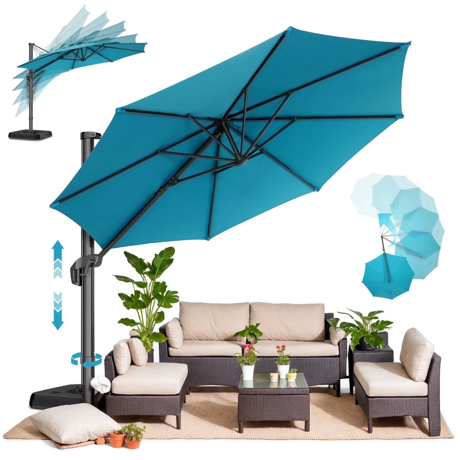SANOPY 10x10 Cantilever Patio Umbrella Outdoor Patio Umbrella, 360 Degree Rotation Market Patio Umbrella with Steel Base, Crank, Tilt Button, Dark Blue