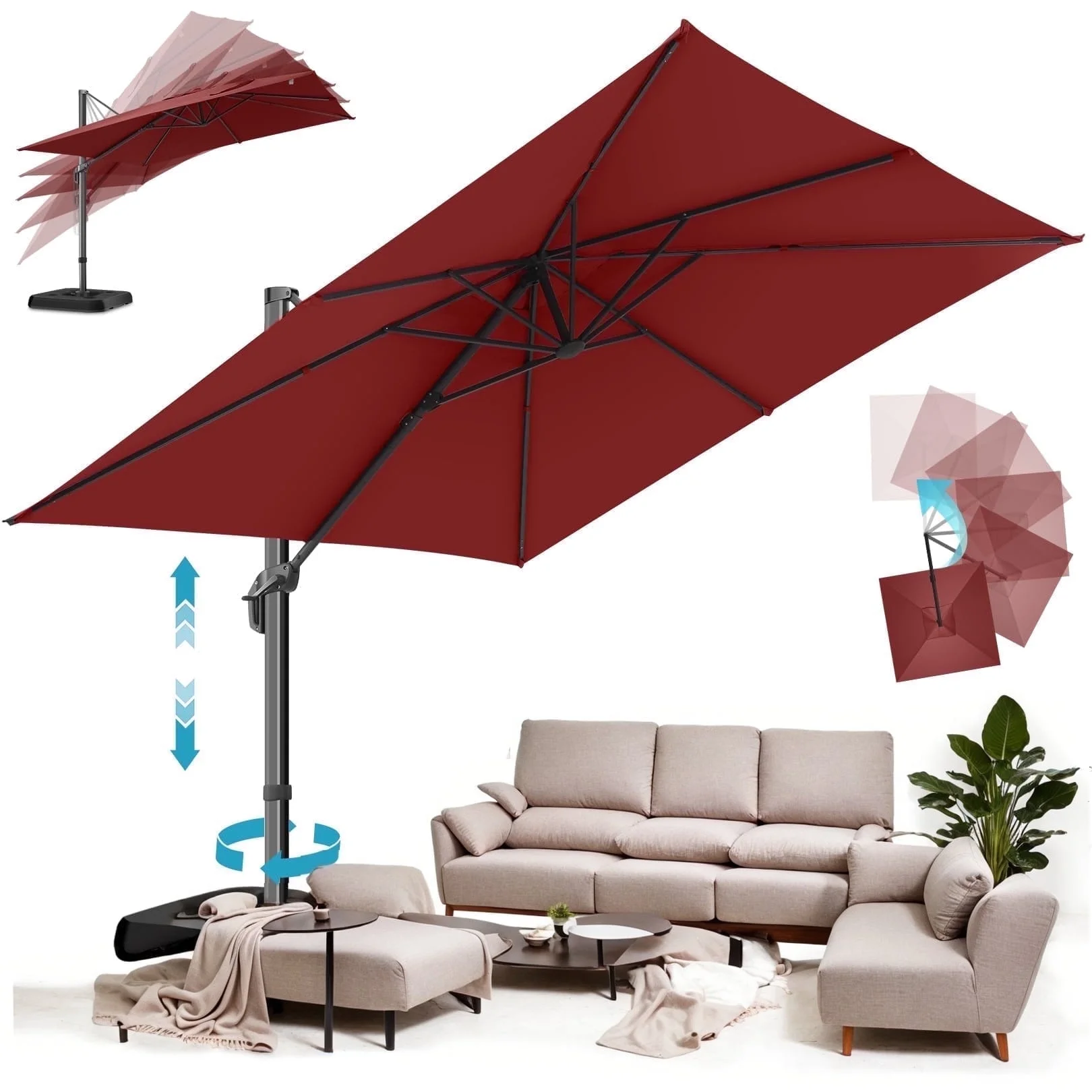 SANOPY 10x10 Cantilever Patio Umbrella Outdoor Patio Umbrella, 360 Degree Rotation Market Patio Umbrella with Steel Base, Crank, Tilt Button, Dark Blue