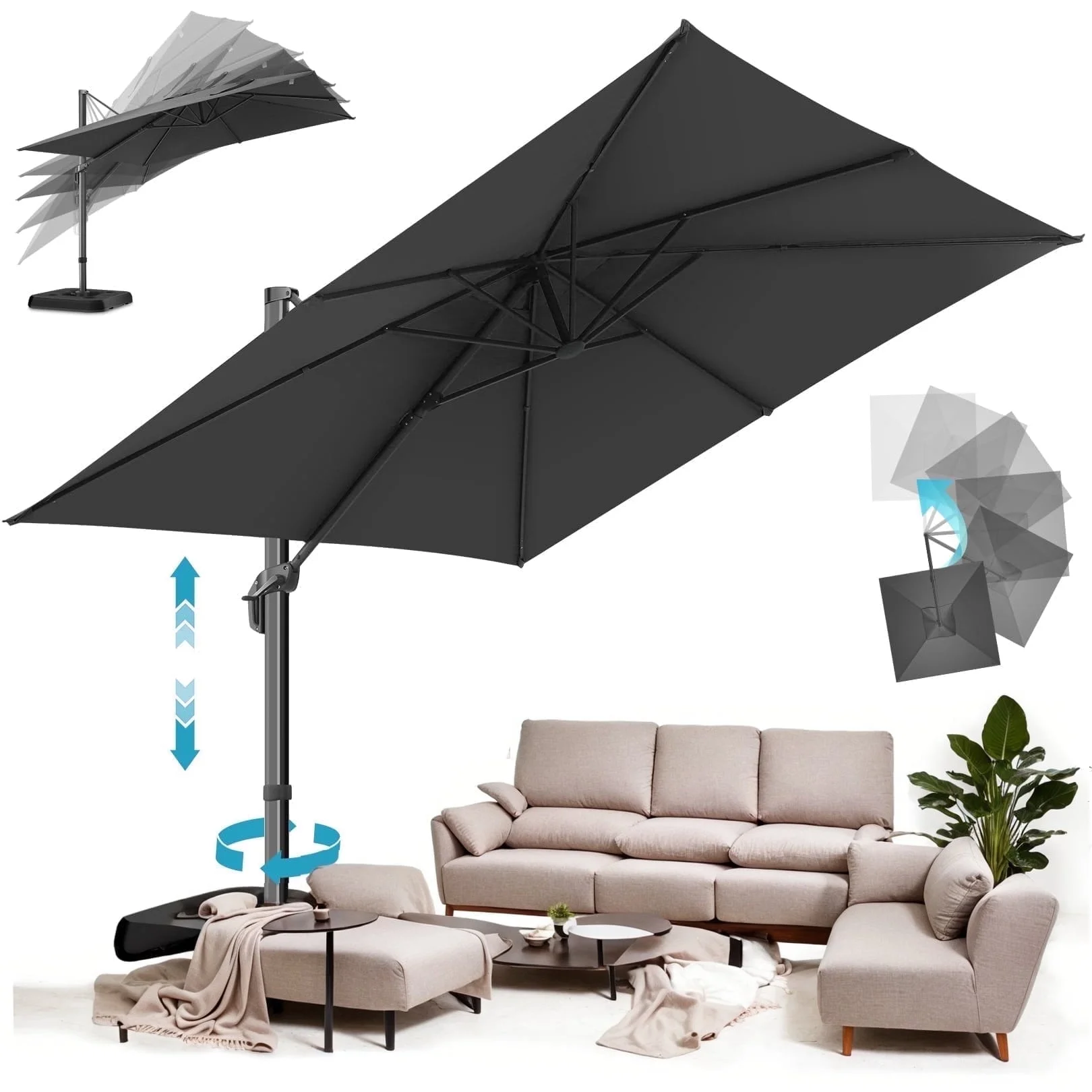 SANOPY 10x10 Cantilever Patio Umbrella Outdoor Patio Umbrella, 360 Degree Rotation Market Patio Umbrella with Steel Base, Crank, Tilt Button, Dark Blue