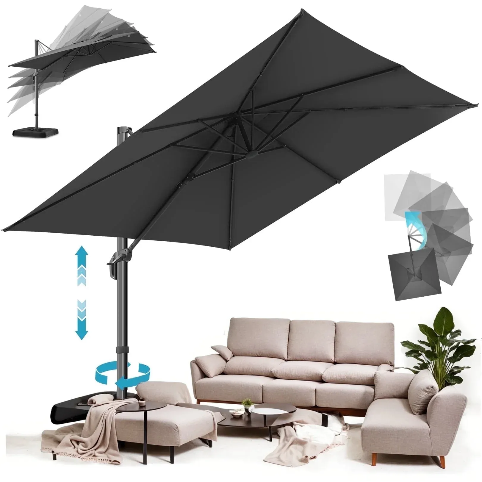 SANOPY 10x10 Cantilever Patio Umbrella Outdoor Patio Umbrella, 360 Degree Rotation Market Patio Umbrella with Steel Base, Crank, Tilt Button, Dark Blue