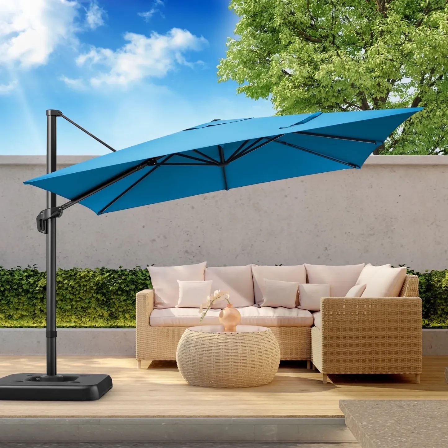 SANOPY 10FT Cantilever Umbrella with Steel Base 360 Degree Rotation Outdoor Market Patio Umbrella Offset Cantilever Patio Umbrella with 5 Tilt Adustable Button, Light Blue