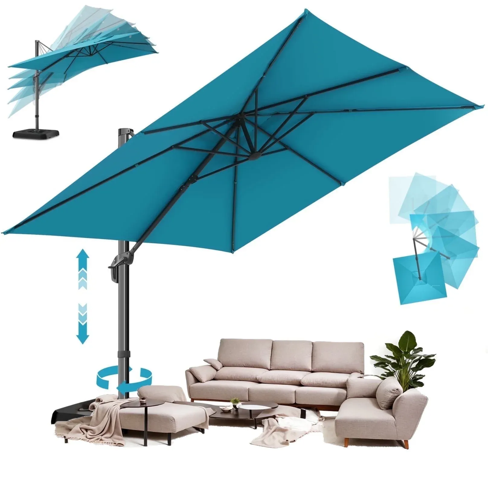 SANOPY 10x10 Cantilever Patio Umbrella Outdoor Patio Umbrella, 360 Degree Rotation Market Patio Umbrella with Steel Base, Crank, Tilt Button, Dark Blue