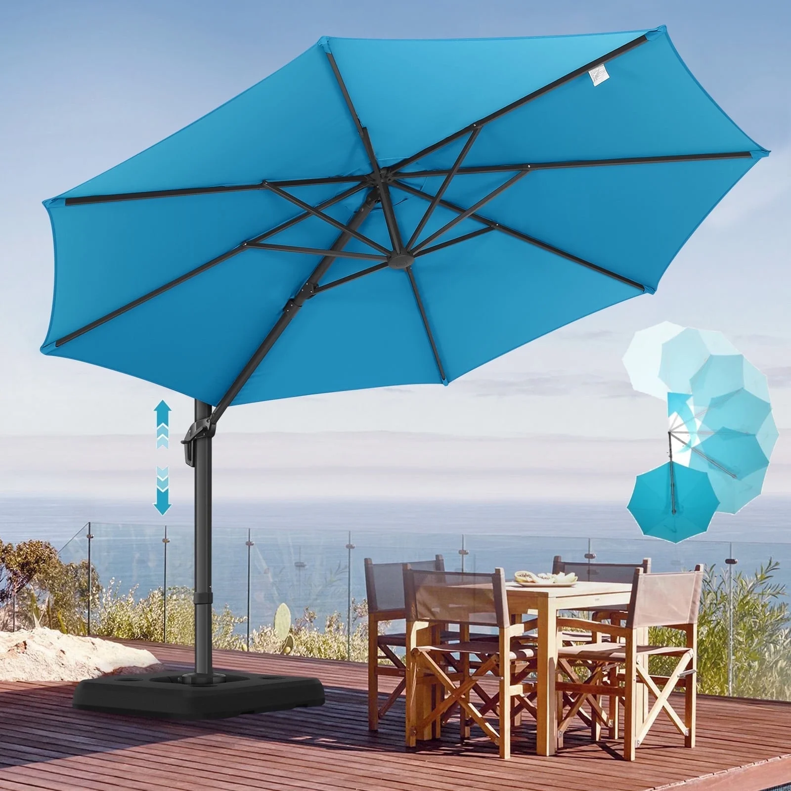 SANOPY 10FT Cantilever Umbrella with Steel Base 360 Degree Rotation Outdoor Market Patio Umbrella Offset Cantilever Patio Umbrella with 5 Tilt Adustable Button, Light Blue