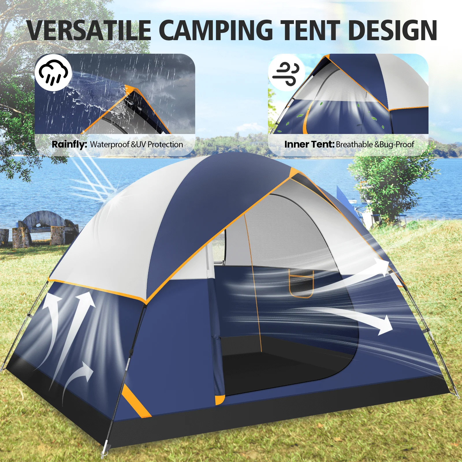 SANOPY 4 Person Camping Tent - Waterproof, Windproof, Lightweight & Easy Setup with Detachable Rainfly, Mesh Windows & Carry Bag for Camping, Hiking, Travel, Beach, and Festivals