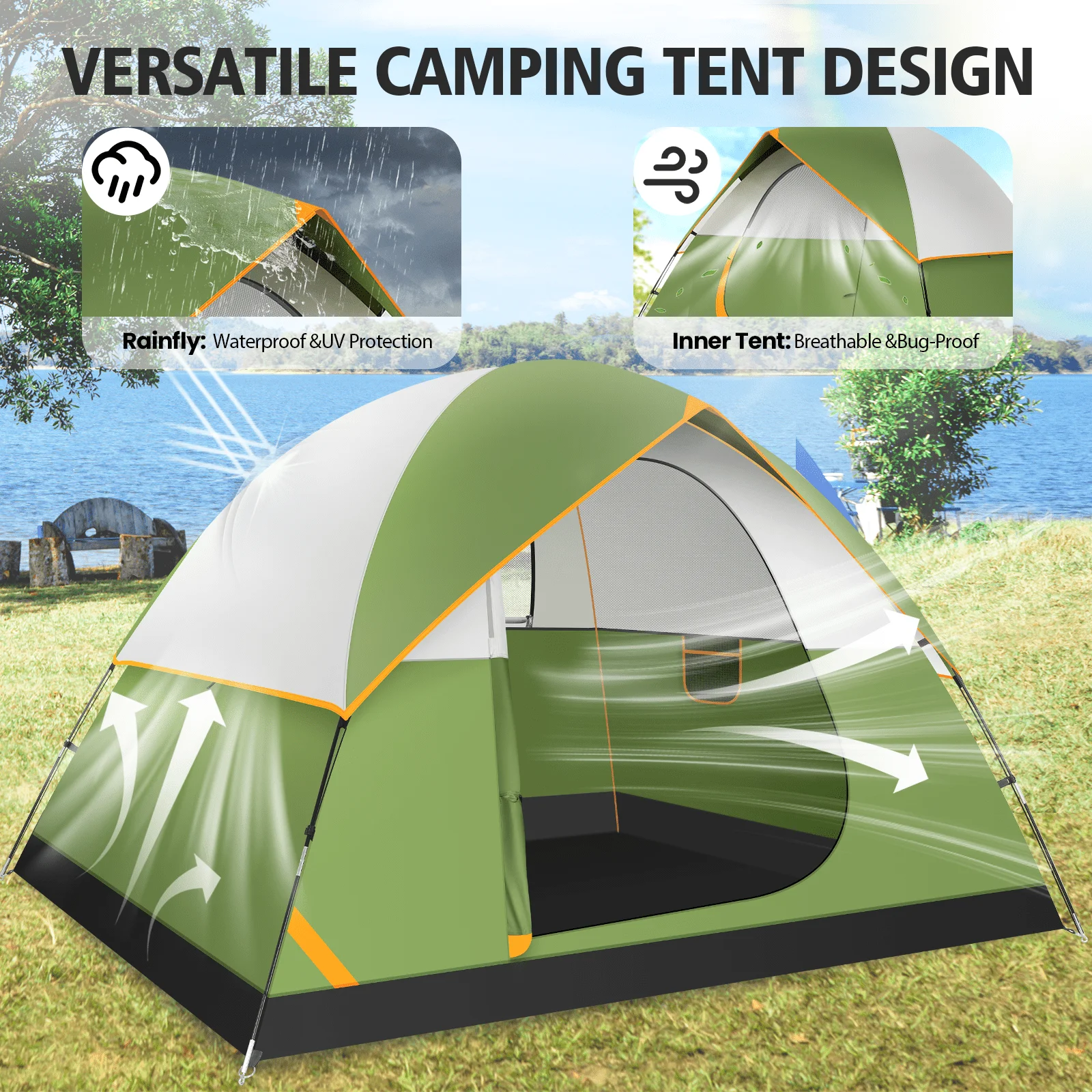 SANOPY 4 Person Camping Tent - Waterproof, Windproof, Lightweight & Easy Setup with Detachable Rainfly, Mesh Windows & Carry Bag for Camping, Hiking, Travel, Beach, and Festivals