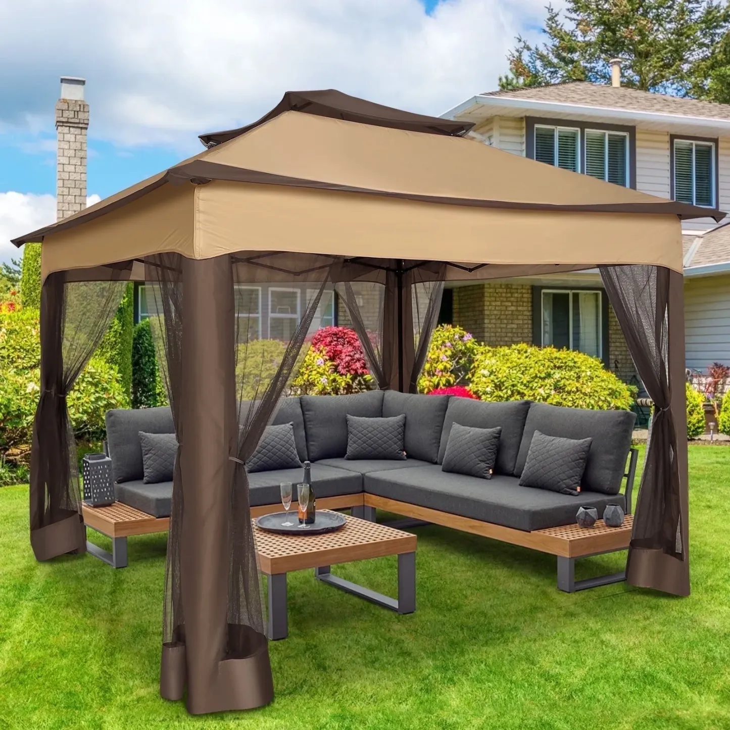 SANOPY 13 x 13 FT Patio Gazebo Outdoor Pop up Gazebo with Mosquito Net&Four Sandbags Outdoor Party Instant Shelter Portable Folding Gazebo Waterproof and UV Protection Gazebo Tent for Backyard