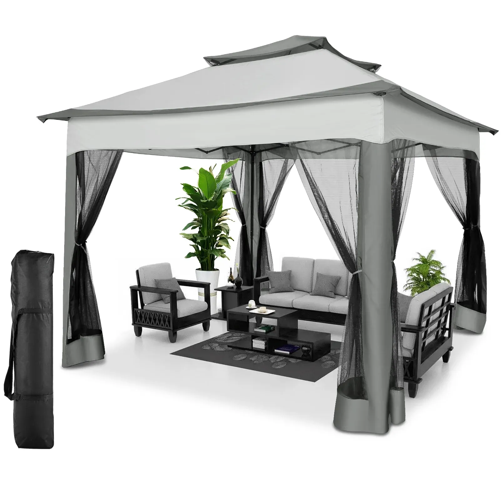 SANOPY 11 x 11 ft Outdoor Patio Gazebo with Ventilated Double Roof and Mosquito Net, Pop up Steel Canopy for Patios, Backyard, Garden and Beach