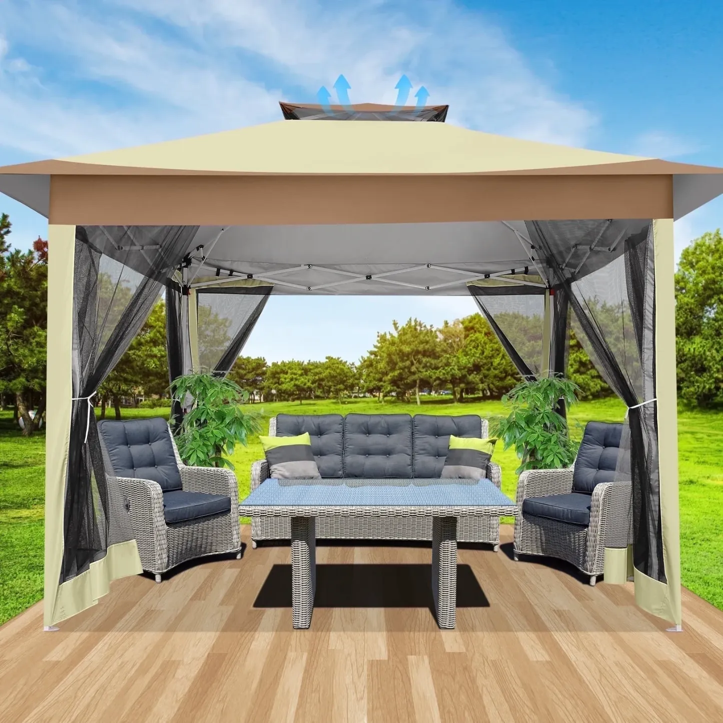 SANOPY 11 x 11 ft Outdoor Patio Gazebo with Ventilated Double Roof and Mosquito Net, Pop up Steel Canopy for Patios, Backyard, Garden and Beach