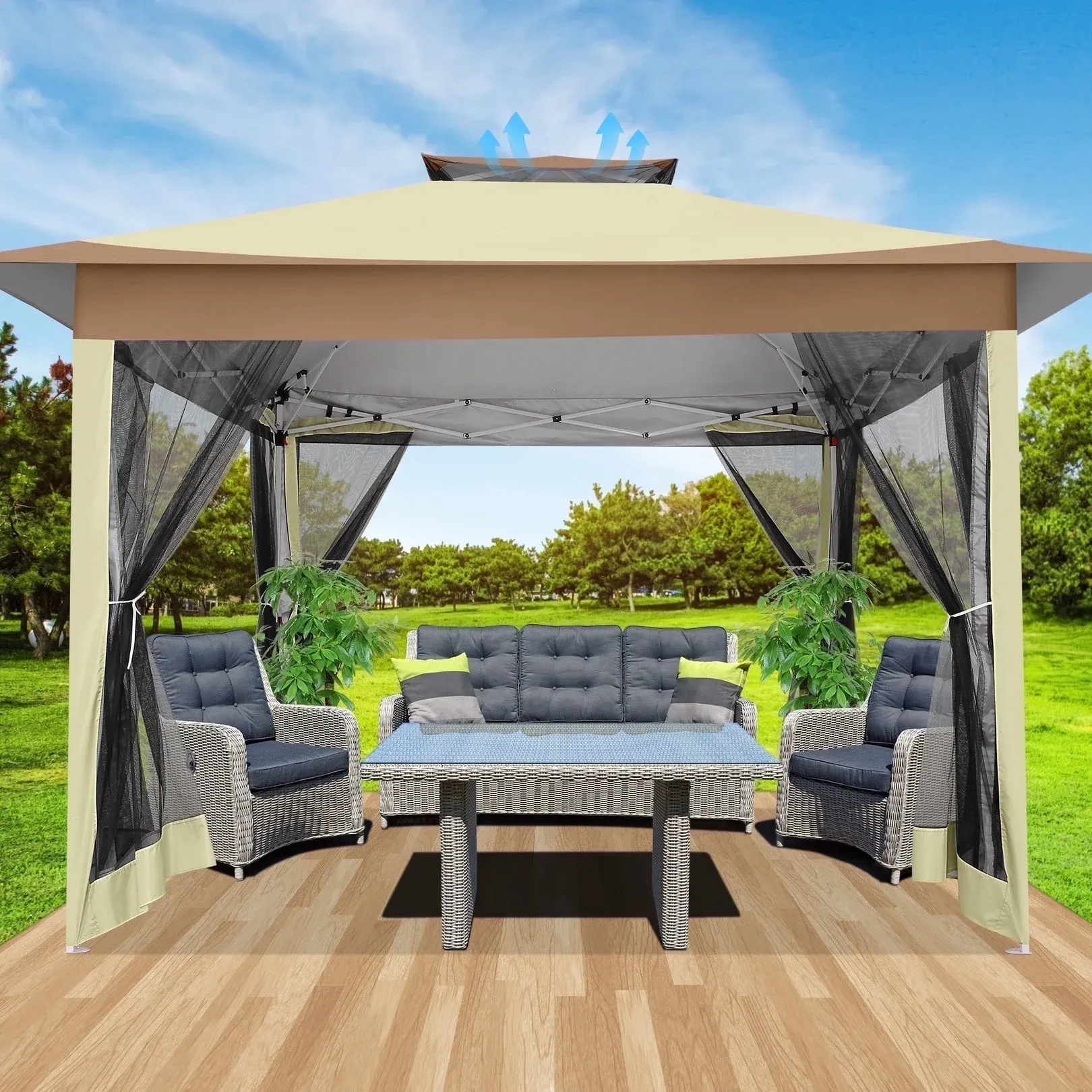 SANOPY 11 x 11 ft Outdoor Patio Gazebo with Ventilated Double Roof and Mosquito Net, Pop up Steel Canopy for Patios, Backyard, Garden and Beach
