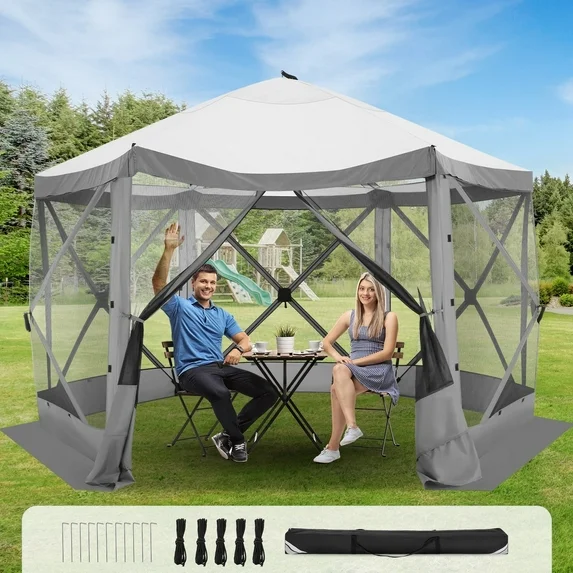 SANOPY 12'x12' Gazebo Outdoor Pop up Gazebo Screen Tent with 6 Sides Mosquito Netting Camping Gazebo Instant Shelter Glamping Tent with Carry bag, Ground Spike, Gray