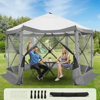 SANOPY 12'x12' Gazebo Outdoor Pop up Gazebo Screen Tent with 6 Sides Mosquito Netting Camping Gazebo Instant Shelter Glamping Tent with Carry bag, Ground Spike, Gray