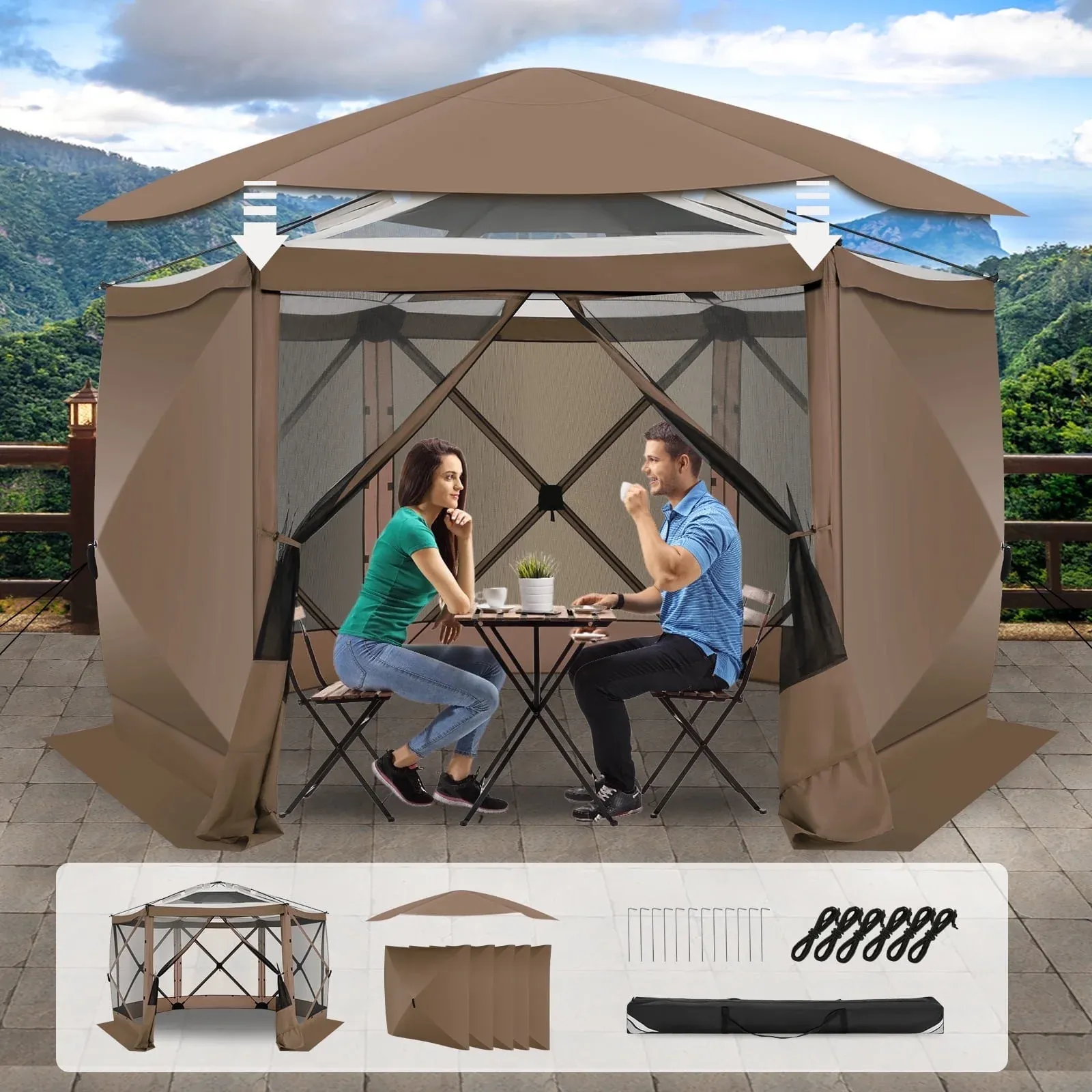 SANOPY 12'x12' Gazebo Outdoor Pop up Gazebo Screen Tent with 6 Sides Mosquito Netting Camping Gazebo Instant Shelter Glamping Tent with Carry bag, Ground Spike, Gray