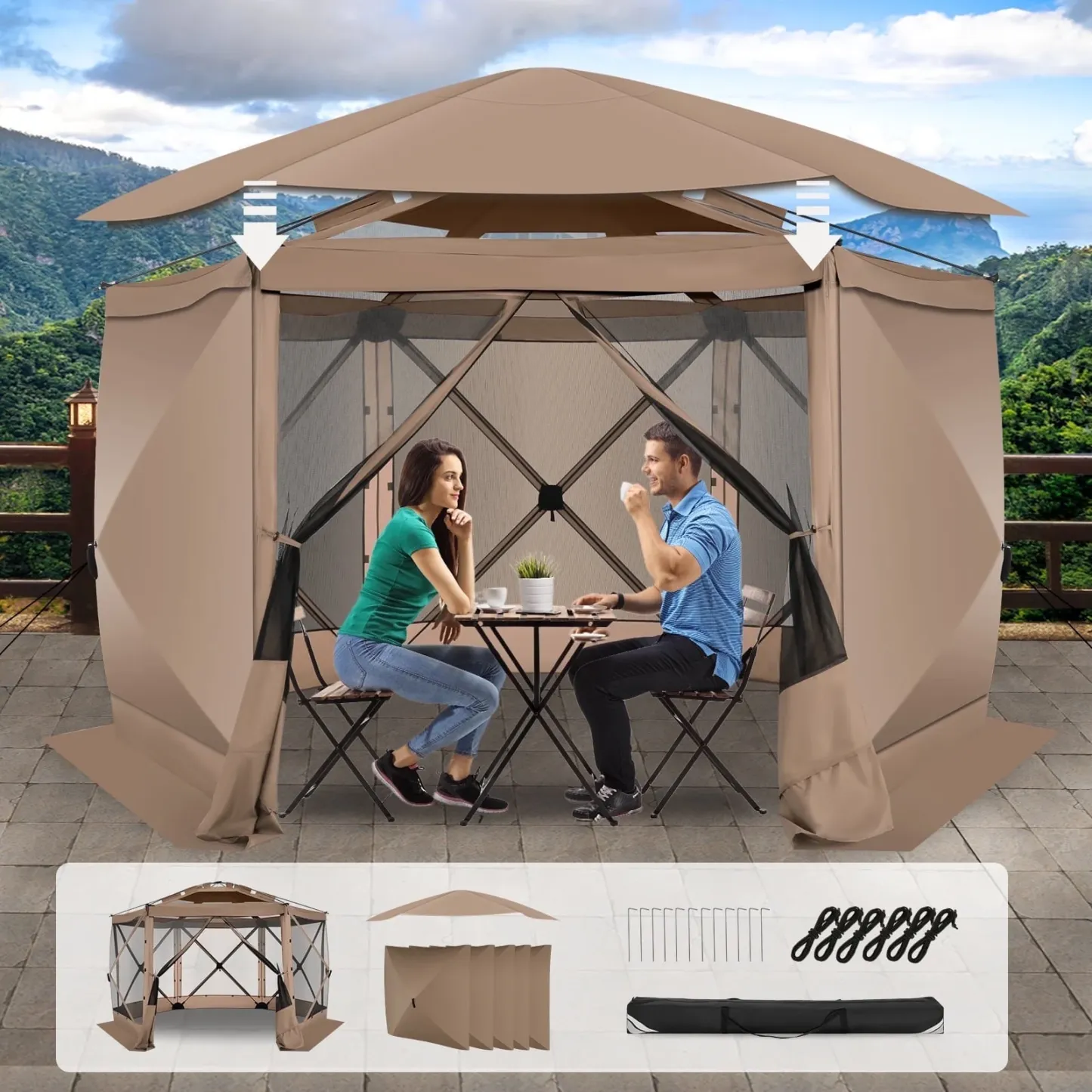 SANOPY 12'x12' Gazebo Outdoor Pop up Gazebo Screen Tent with 6 Sides Mosquito Netting Camping Gazebo Instant Shelter Glamping Tent with Carry bag, Ground Spike, Gray