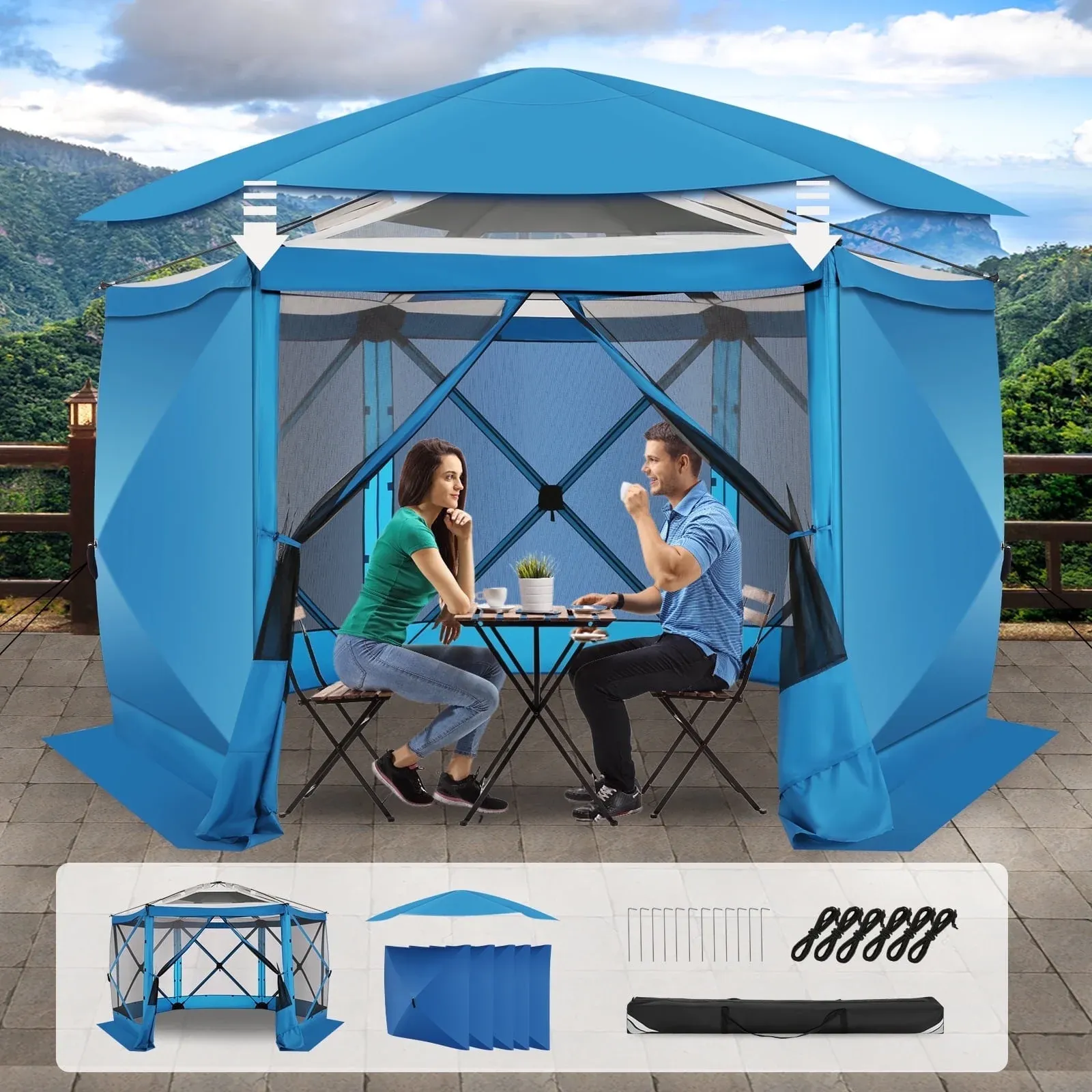 SANOPY 12'x12' Gazebo Outdoor Pop up Gazebo Screen Tent with 6 Sides Mosquito Netting Camping Gazebo Instant Shelter Glamping Tent with Carry bag, Ground Spike, Gray