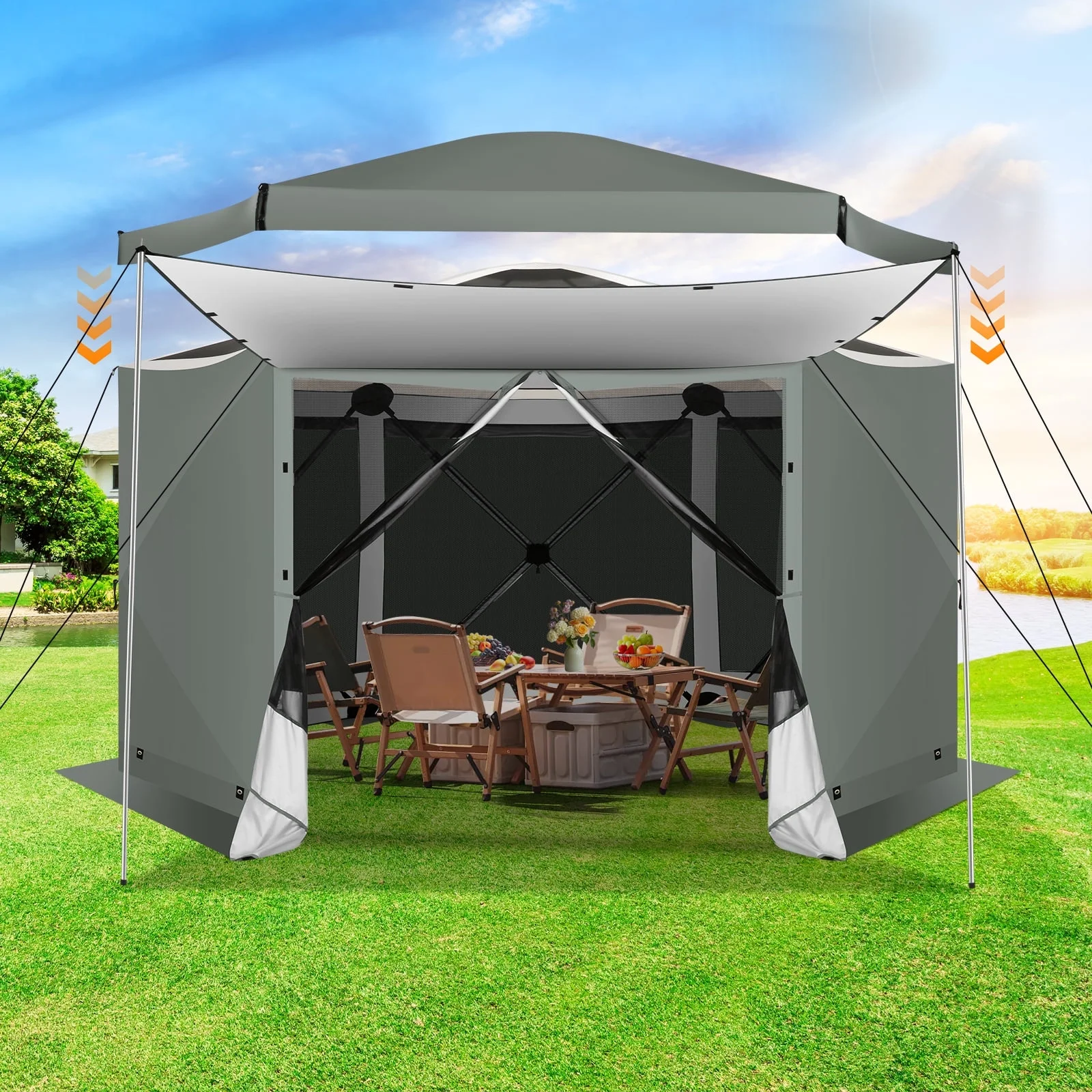 SANOPY 12'x12' Gazebo Outdoor Pop up Gazebo Screen Tent with 6 Sides Mosquito Netting Camping Gazebo Instant Shelter Glamping Tent with Carry bag, Ground Spike, Gray
