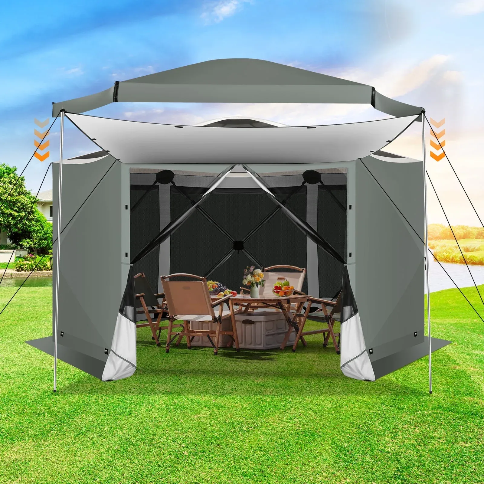 SANOPY 12'x12' Gazebo Outdoor Pop up Gazebo Screen Tent with 6 Sides Mosquito Netting Camping Gazebo Instant Shelter Glamping Tent with Carry bag, Ground Spike, Gray